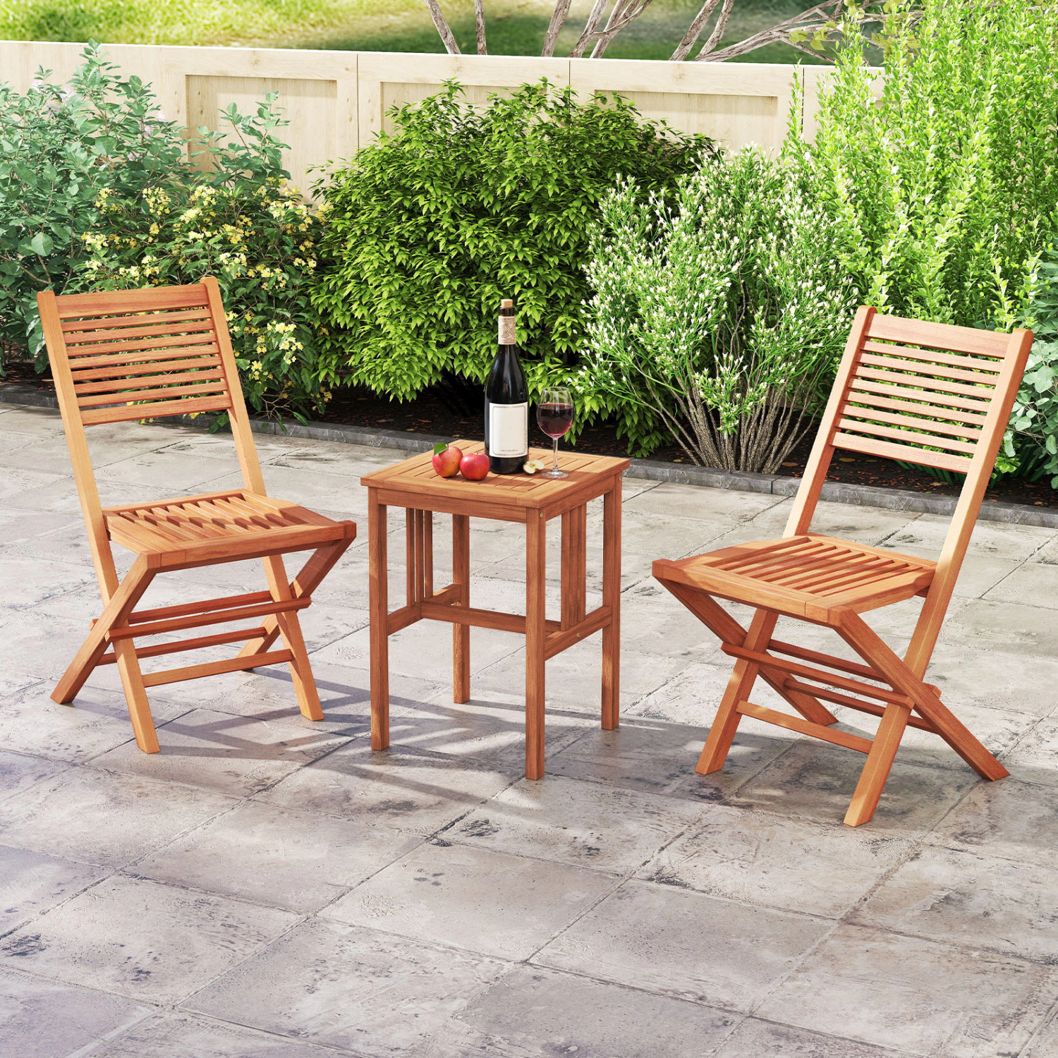 LJG Teak Wood Folding Patio Chairs Set of 2 with Slatted Seat & Portable Design for Deck