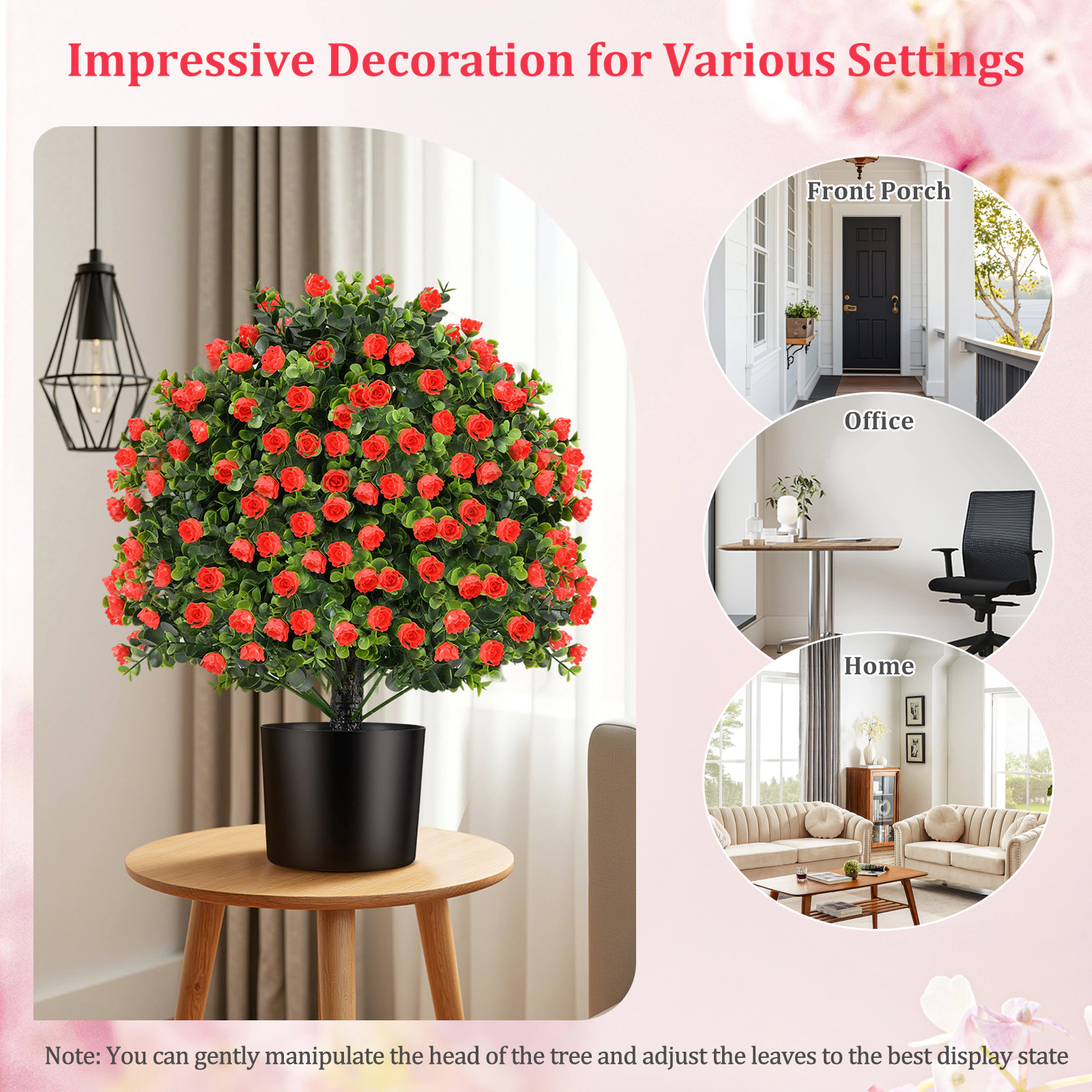 SUGIFT 2 Pack Artificial Rose Topiary Ball Trees Faux Shrub Bushes with Flowers 21.5-in Tall Green & Red & Black