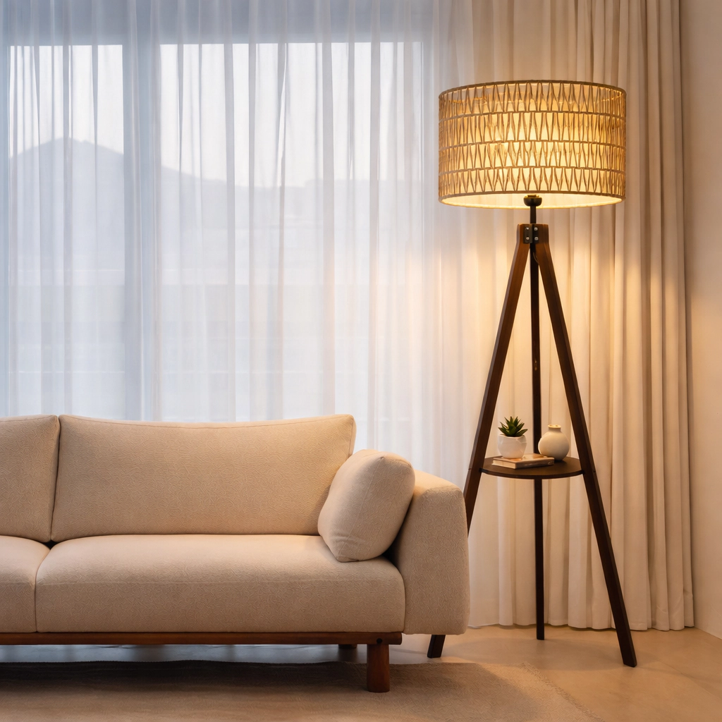 Mega Casa 59'' Tall Boho Tripod Floor Lamp with Wooden Shelf, Standing Lamp with Hand-Woven Rattan Shade