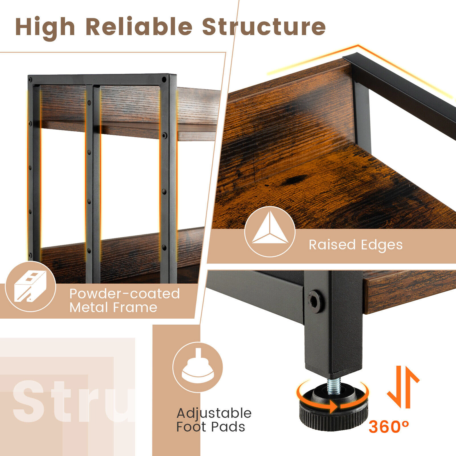 SUGIFT Rustic Brown 3-Tier Industrial Bookshelf with Adjustable Shelves and Raised Edges