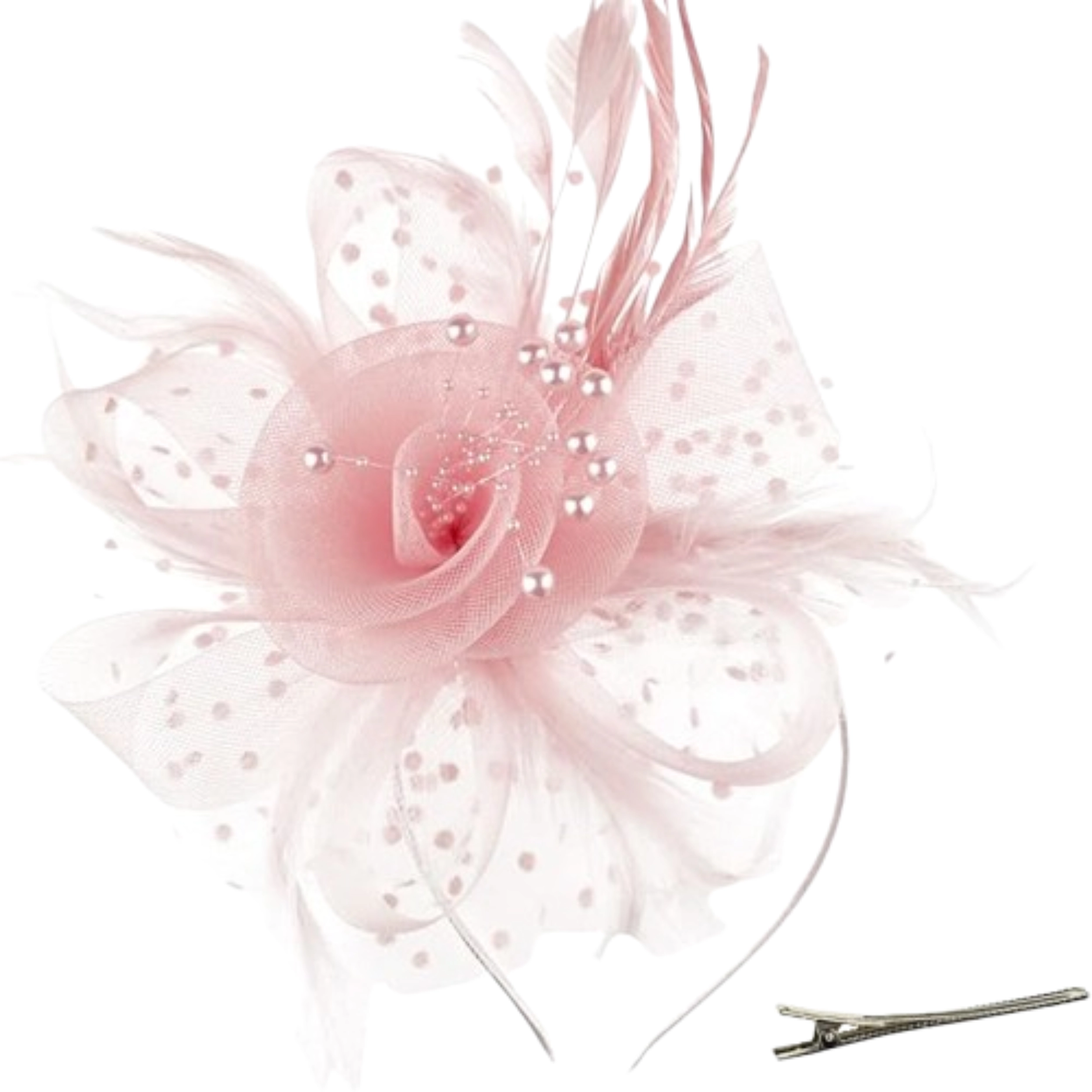 SS Design Blush Pink Fascinator Derby Hat Flower Mesh Feather