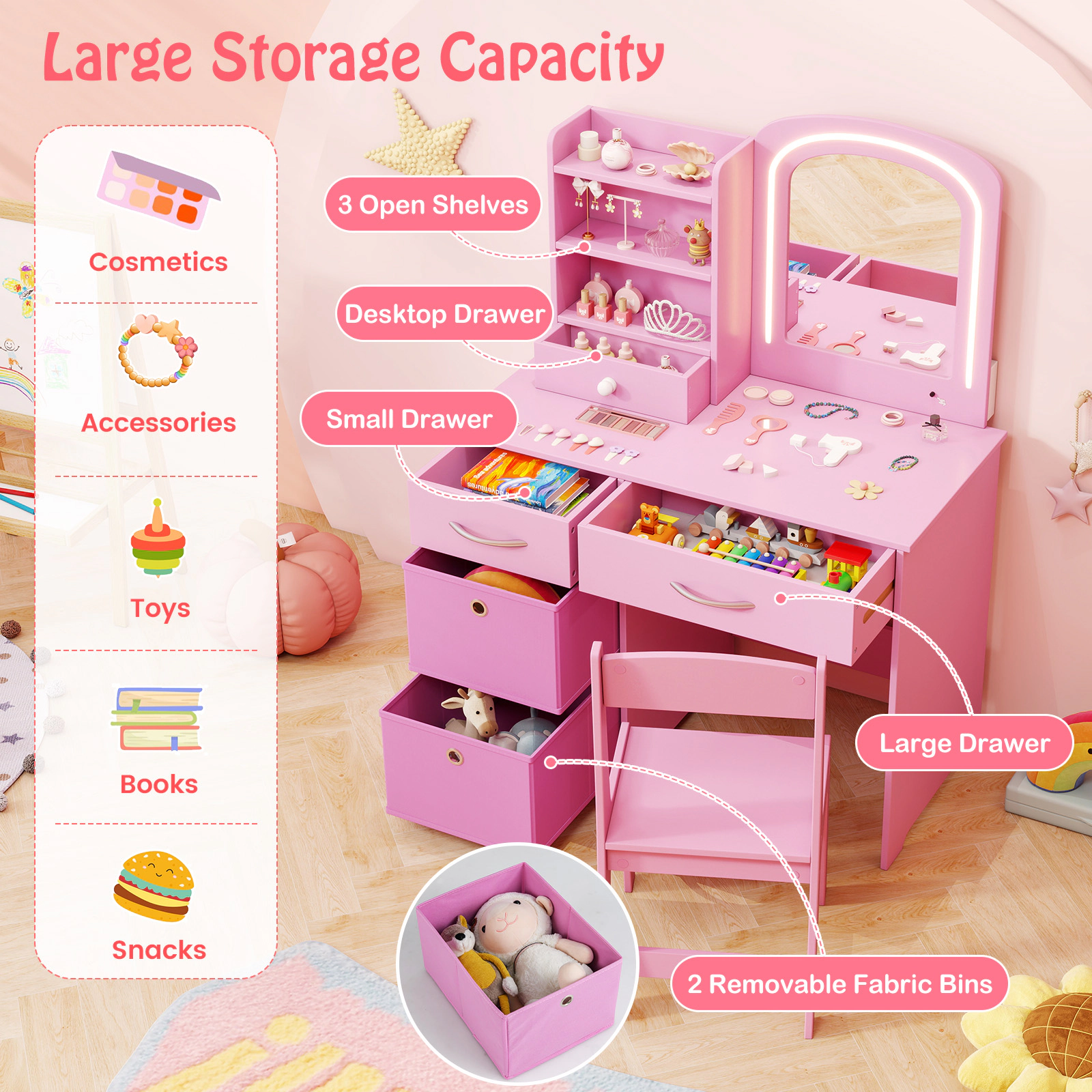 SUGIFT Pink Kids Vanity Set with Lighted Mirror, Chair, Drawers and Shelves