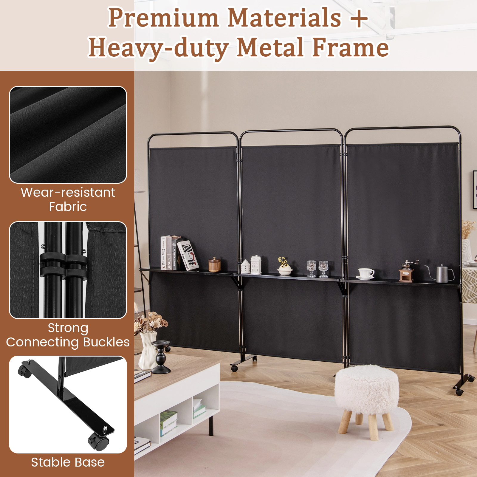SUGIFT 3-Panel Folding Polyester Fabric 3 Metal Shelves Room Divider Screen 103-in x 18-in x 74-in 8 Wheels Black