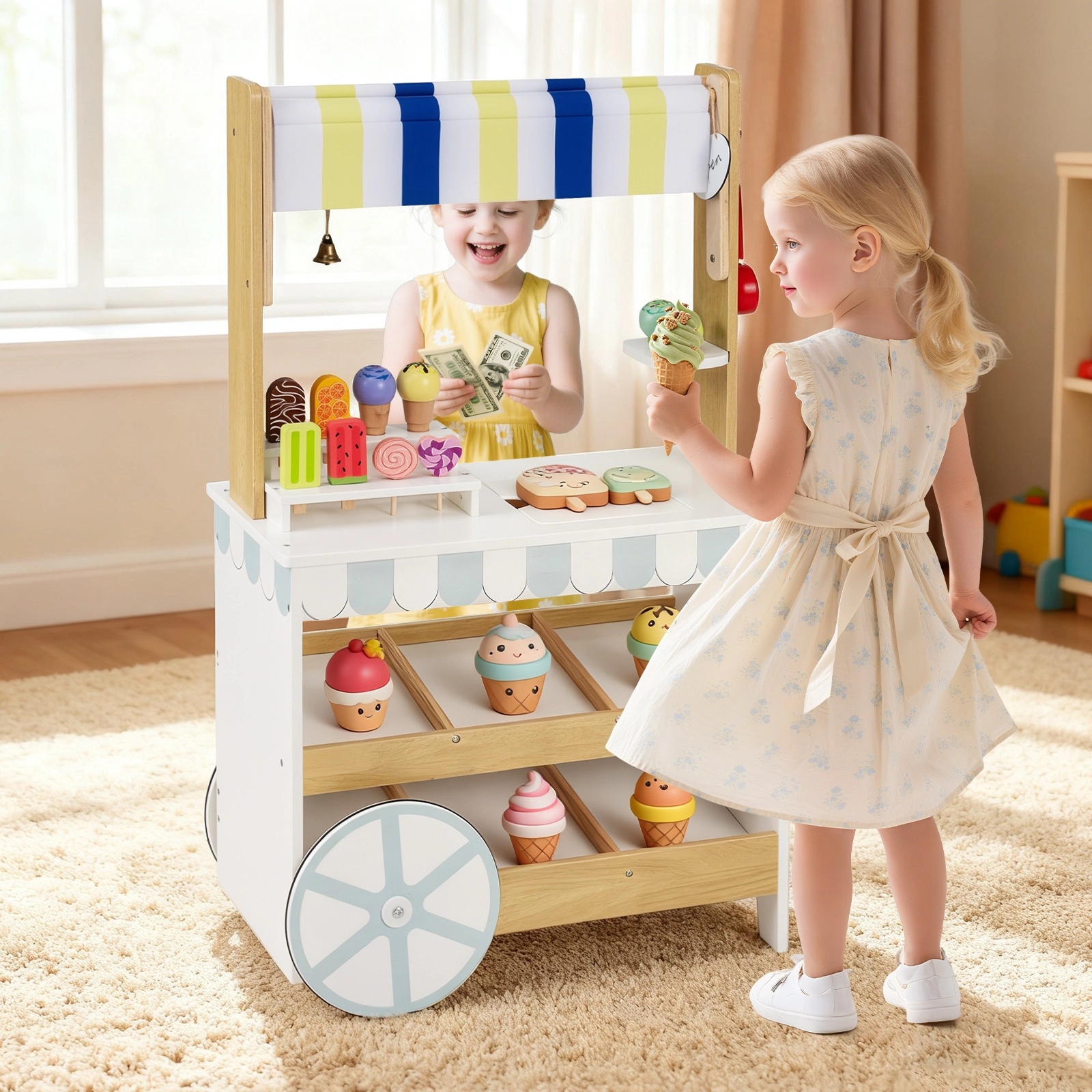 SUGIFT 2-in-1 Wooden Ice Cream Cart and Grocery Store Playset with 20.5-in Countertop Ages 3+ White