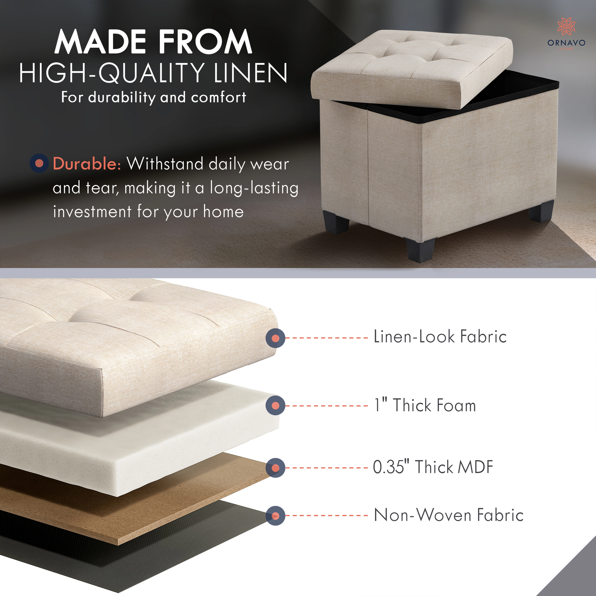Ornavo Home Small Rectangle Storage Ottoman Foot Stool with Legs - 16" x 12"