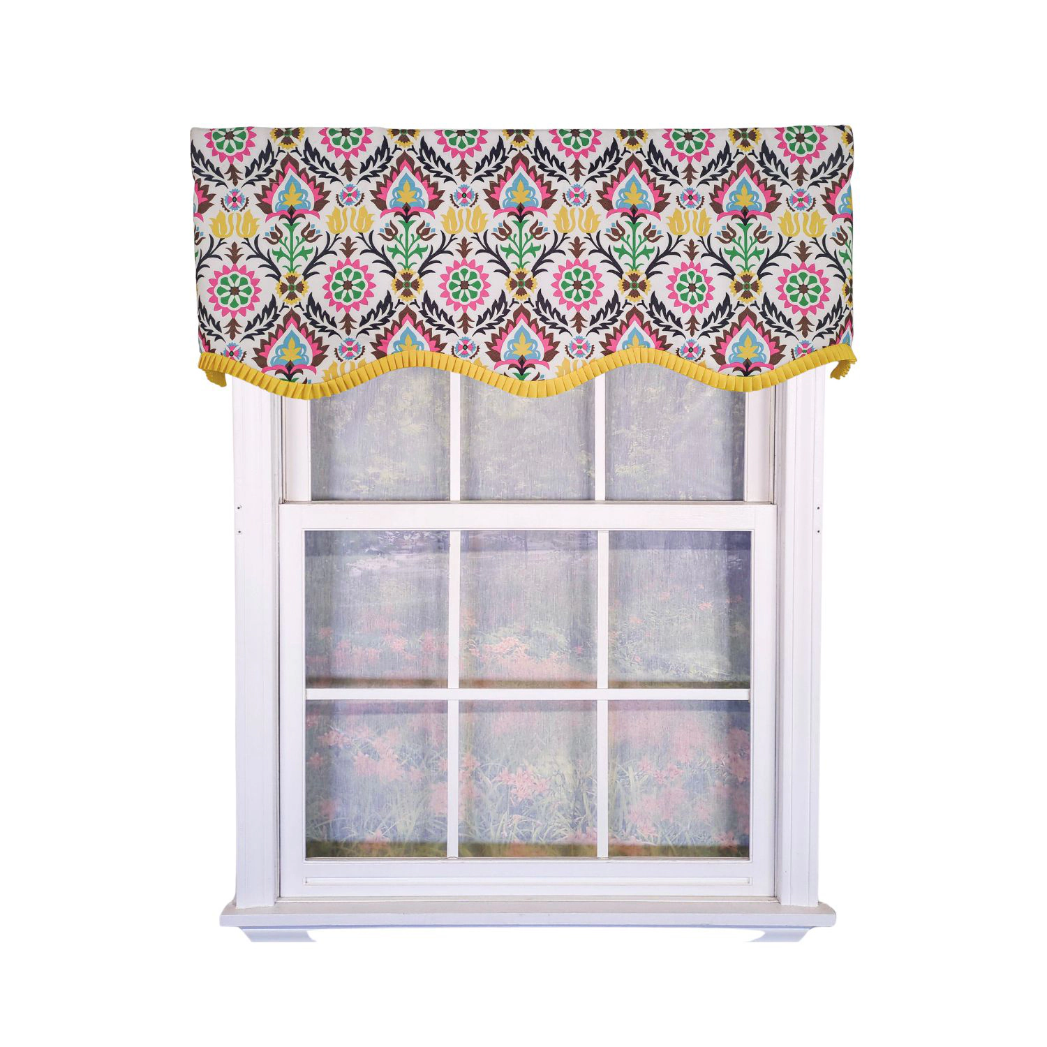 RLF Home 100% Cotton Suzani Provance With Ivory Lining Rod Pocket Window Valance 50" x 17" Yellow
