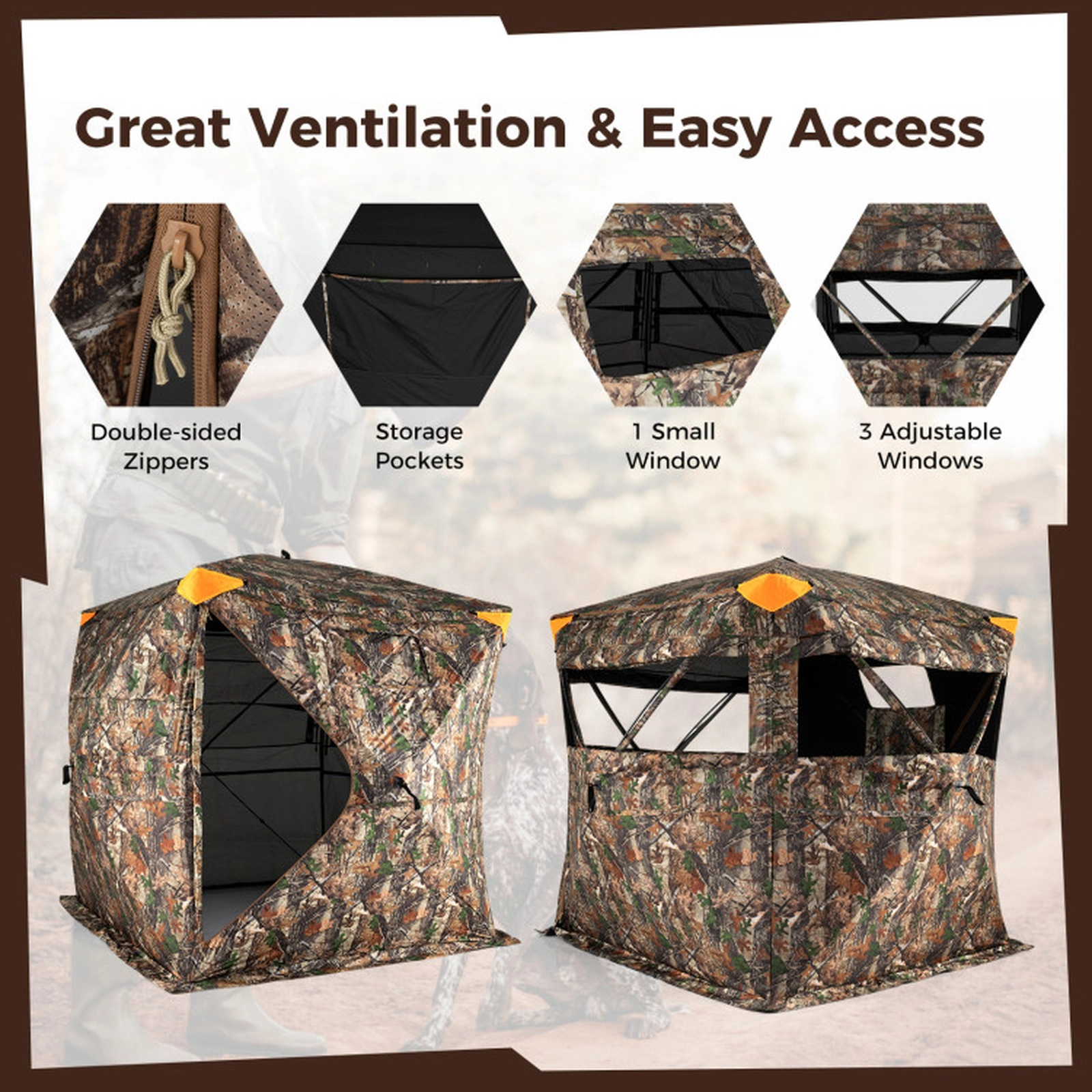 SUGIFT Camouflage 70-in Pop-Up Hunting Blind with 4 Blaze Orange Safety Panels and Full-Open Swing Door