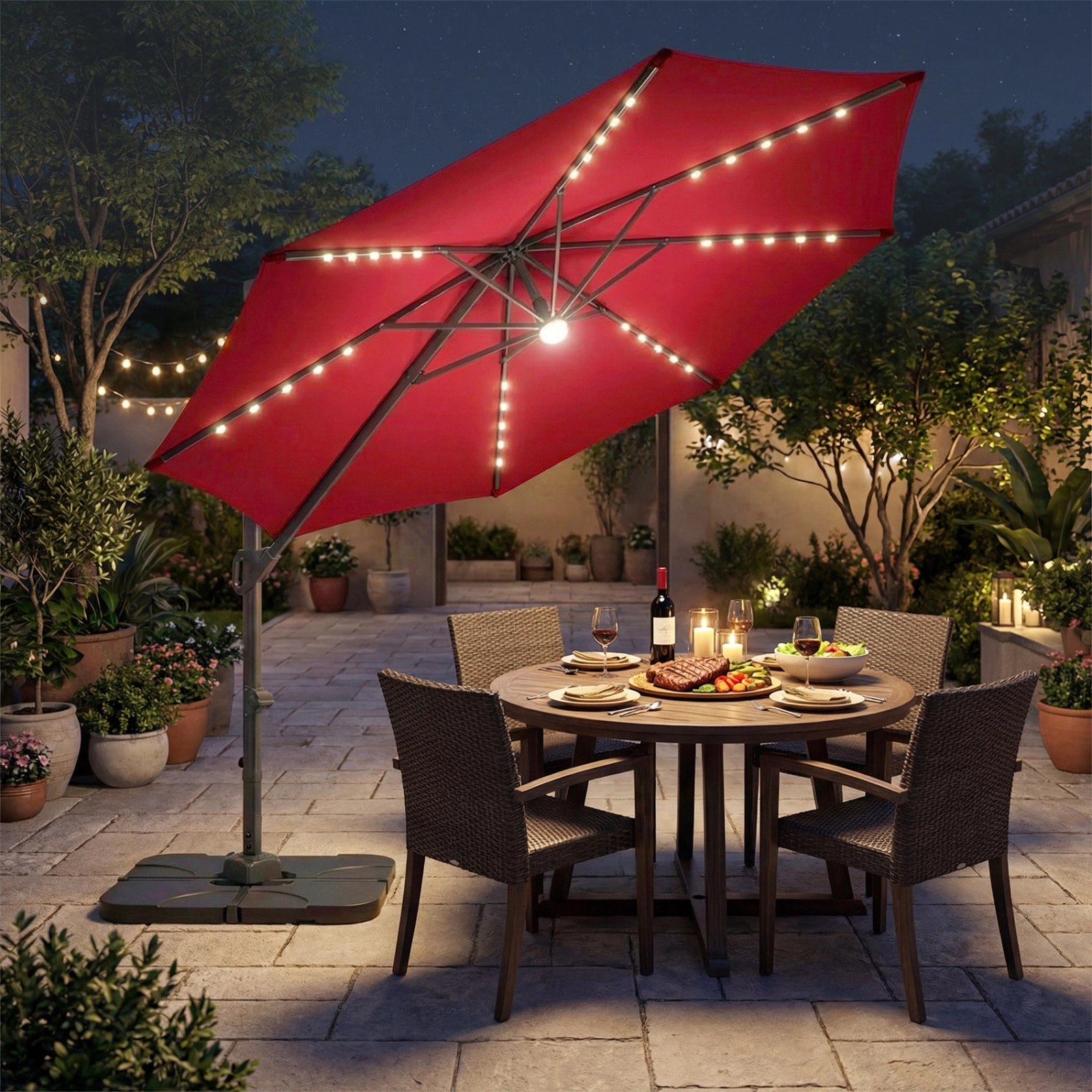 SUGIFT 10-ft Cantilever Patio Umbrella with 35 Solar LED Lights & 220-lb Fillable Base Tan/Beige/Navy/Gray/Wine + Black