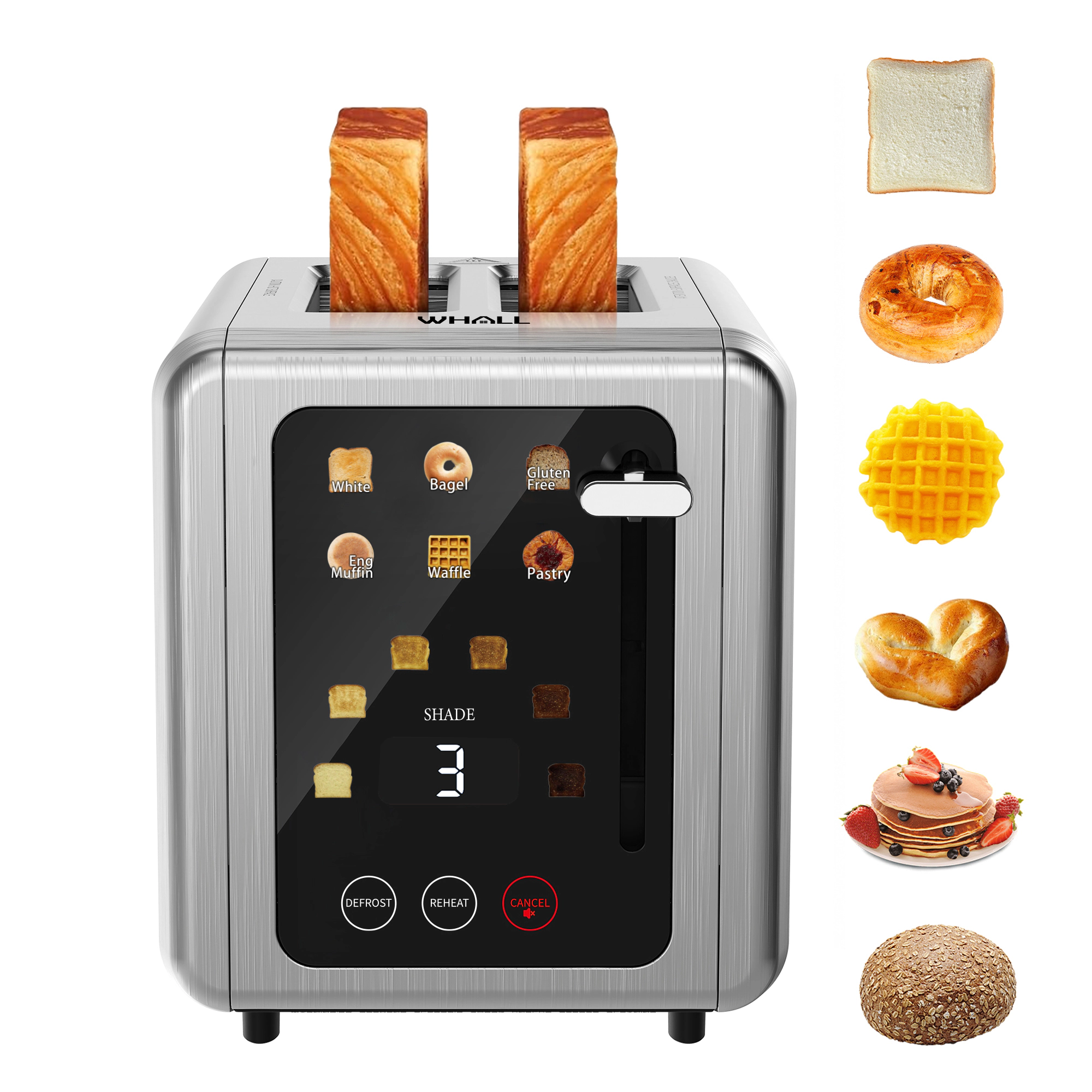 WHALL 2-Slice Touchscreen Toaster with Digital Timer, 6 Bread Types &6 Shade Settings, 1.5" Wide Slots, Stainless Steel