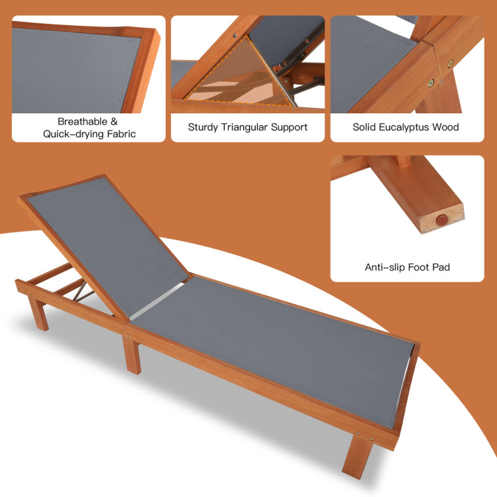 SUGIFT Adjustable Outdoor Wood Chaise Lounge Chair with 5-Position Backrest 400-lb Capacity Teak and White
