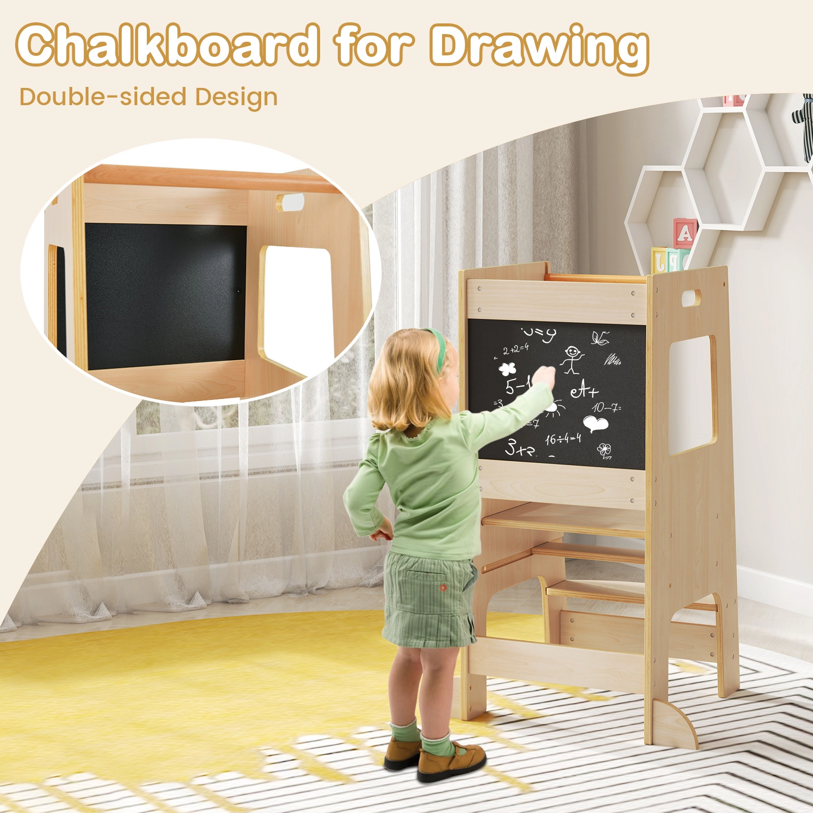 SUGIFT Adjustable Height Toddler Kitchen Step Stool with Chalkboards 132-lb Capacity Ages 3+ Natural/White