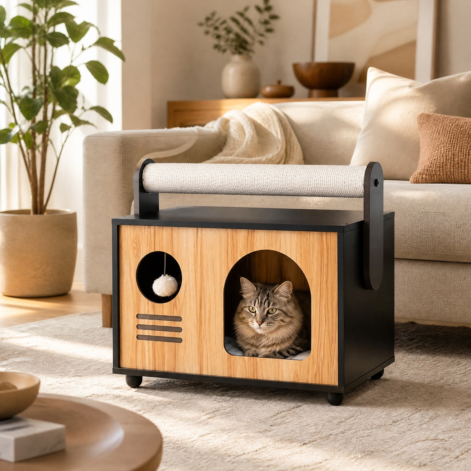 SUGIFT Black Wooden Cat House with Rope Scratching Post and Washable Cushion 19-in W 12-in D 17.5-in H