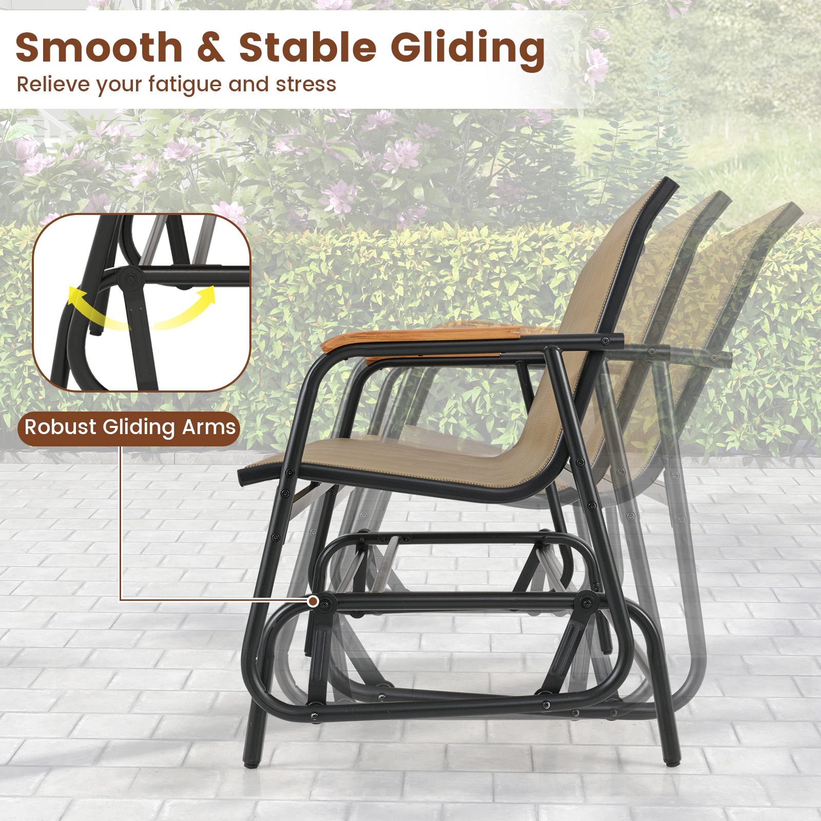 LJG Patio Glider Bench with Curved Teak Armrests and Breathable Fabric Seat for 2 People