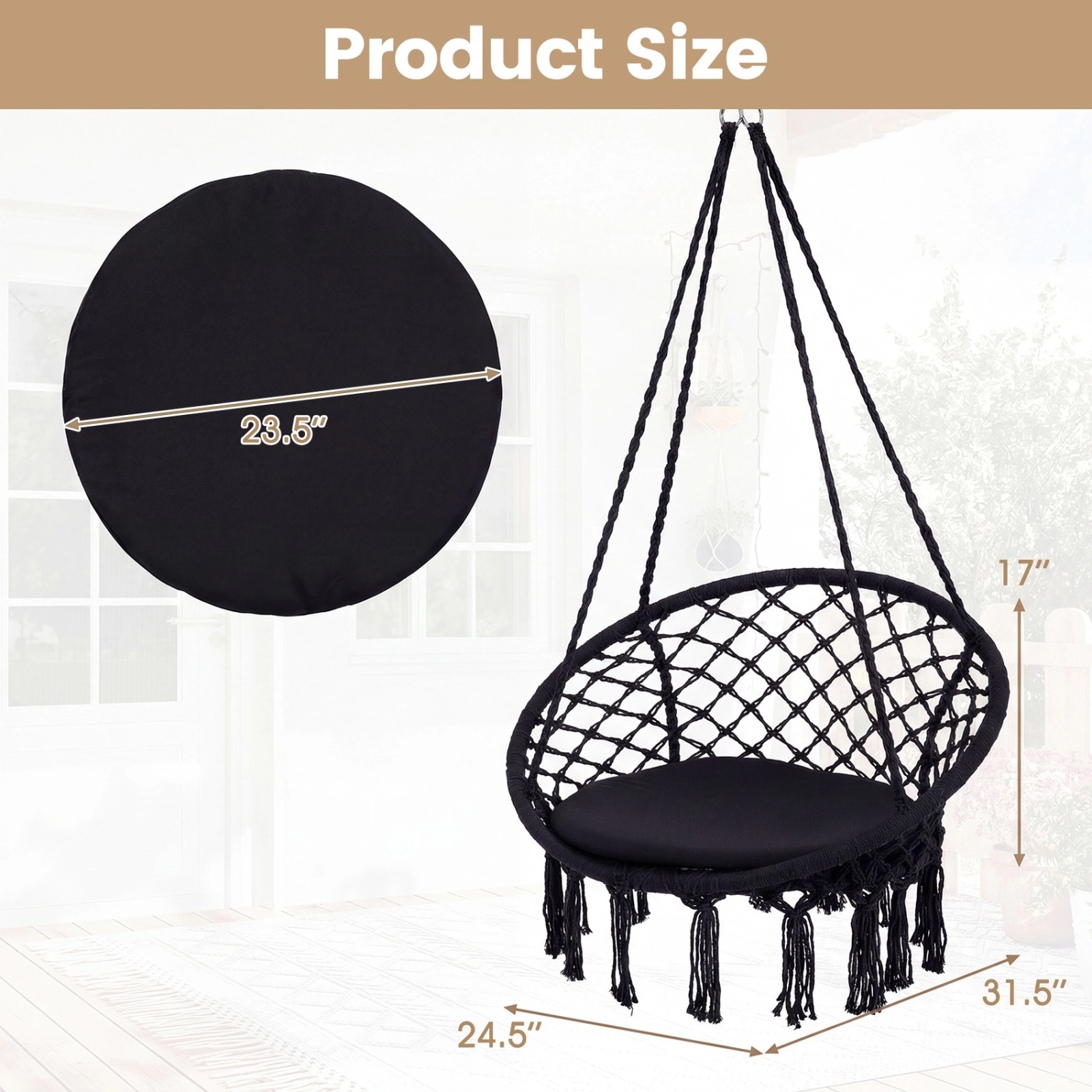 SUGIFT Macrame Hammock Swing Chair with Round Seat Cushion
