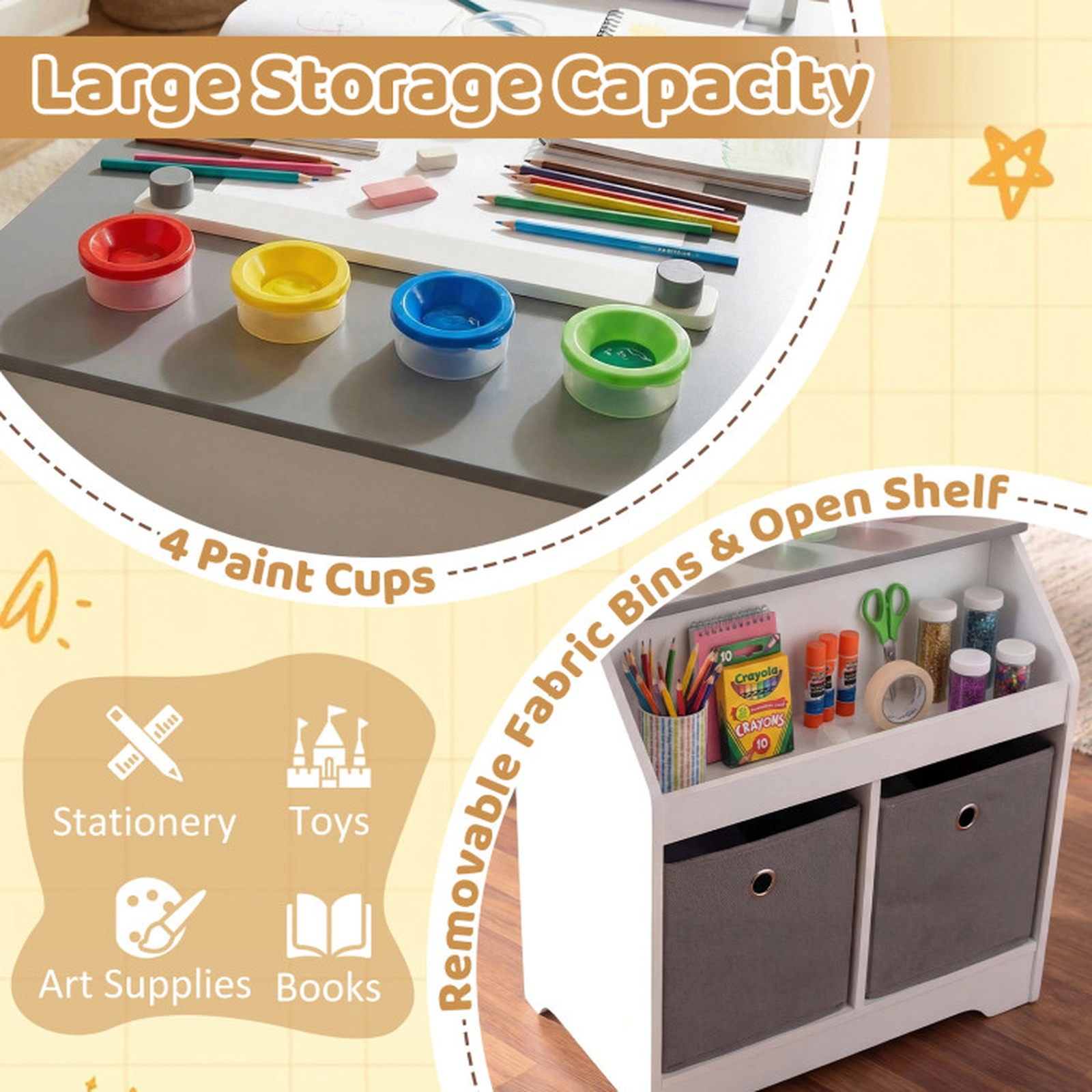 SUGIFT Gray Paper Roll 4 Paint Cups and Fabric Bins Kids Art Table and Stool Set