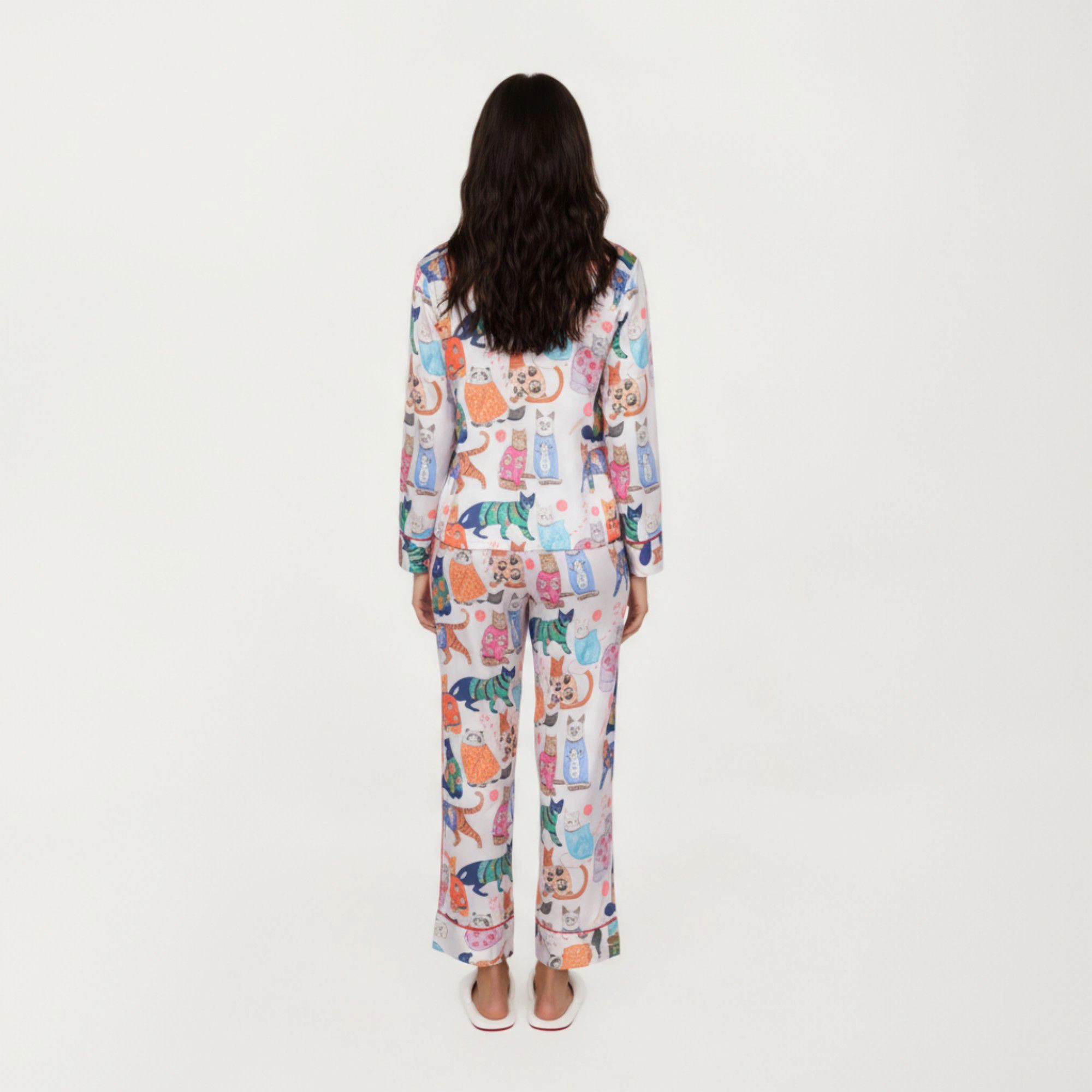 Anna-Kaci Women's 2-Piece Long Sleeve Button Front Pajama Set with Cat Print and Soft Silky Fabric