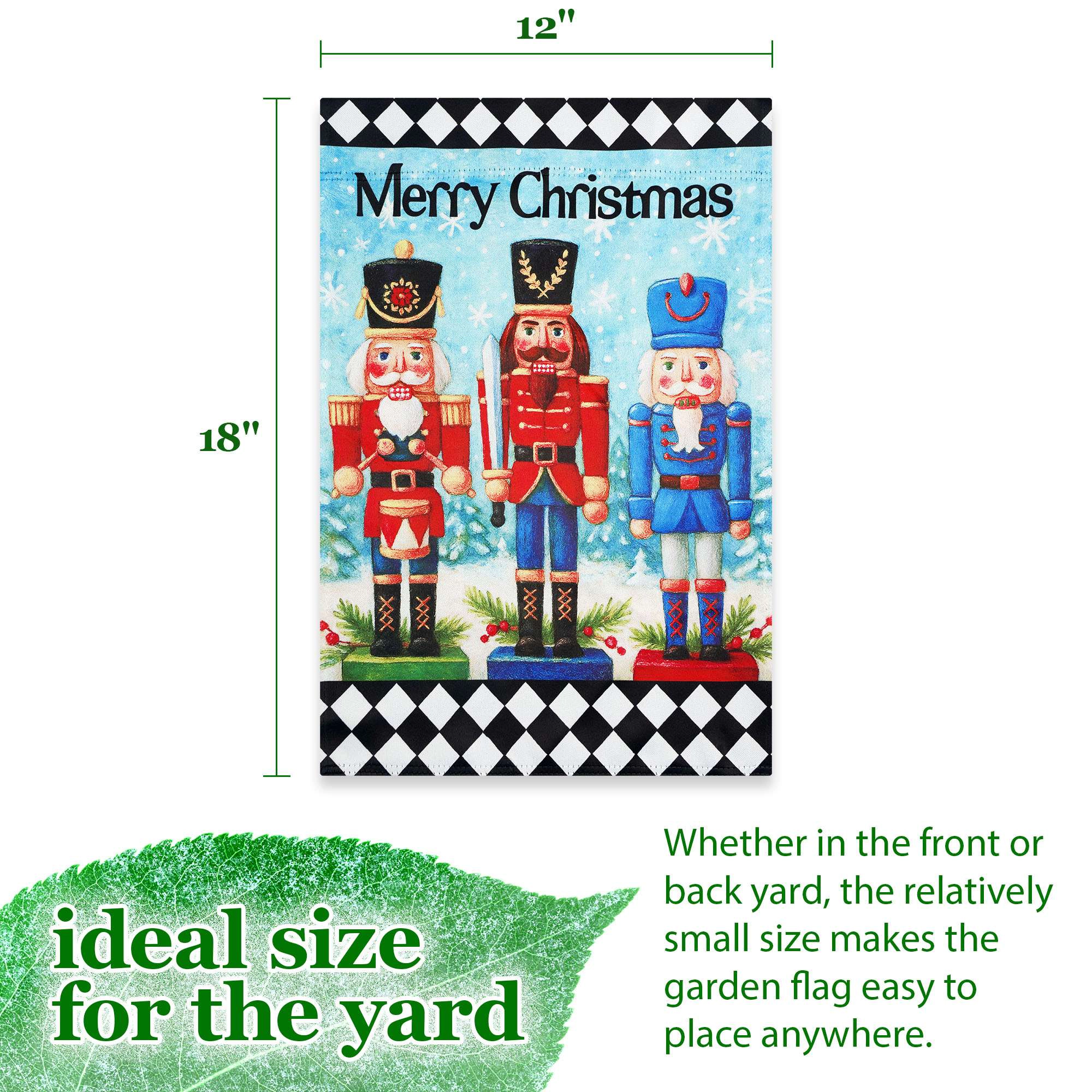 G128 Merry Christmas Three Nutcrackers Garden Flag 12x18 Double-Sided Outdoor Holiday Yard Decoration