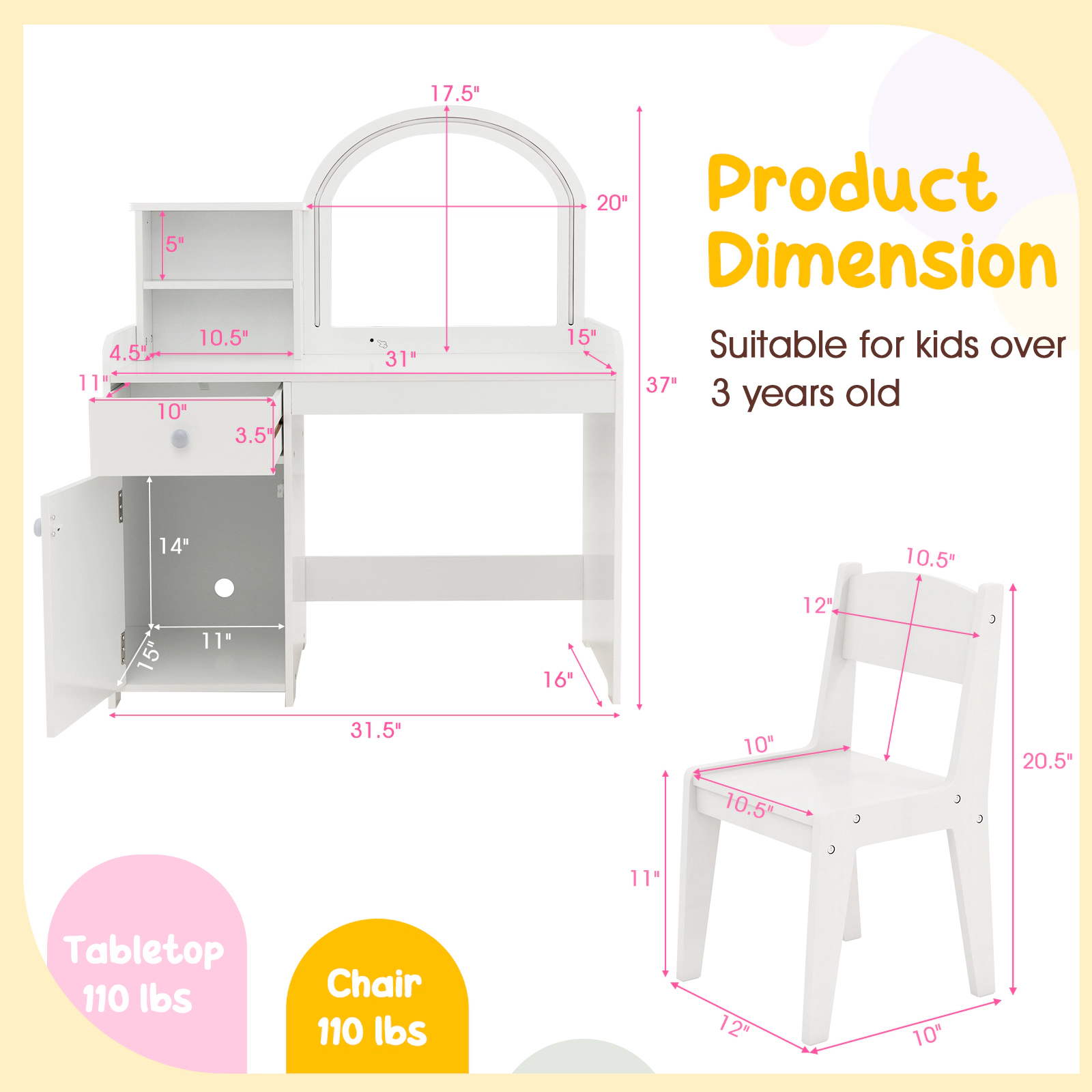 SUGIFT Kids Vanity Table and Chair Set with Shelves Drawer Cabinet and LED Mirror 110-lb Capacity Ages 3+ White