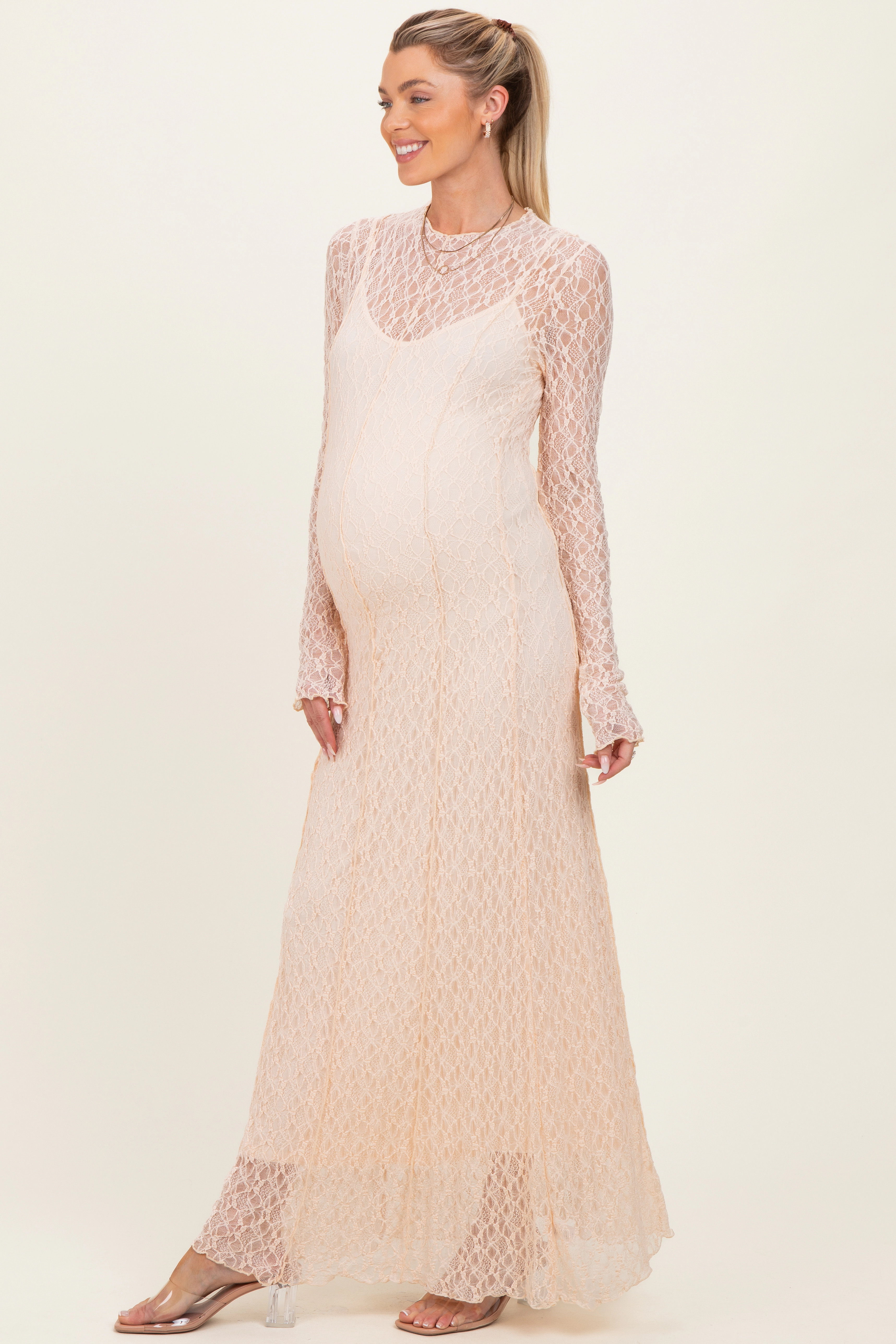 PinkBlush Womens Lace Mock Neck Long Sleeve Maternity Maxi Dress