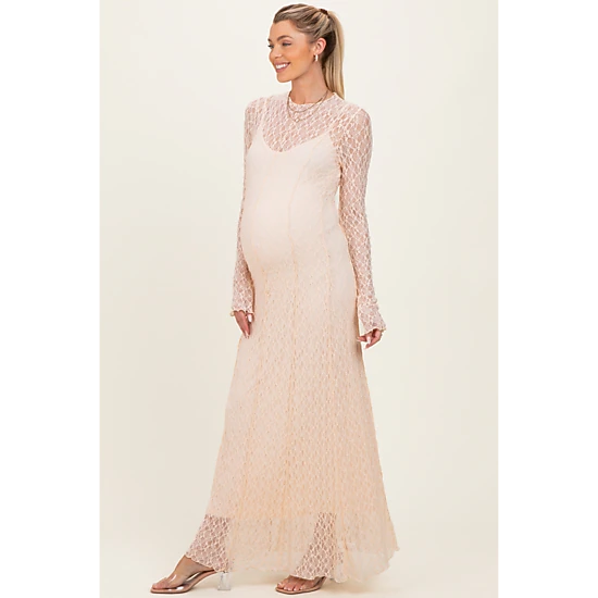 PinkBlush Womens Lace Mock Neck Long Sleeve Maternity Maxi Dress