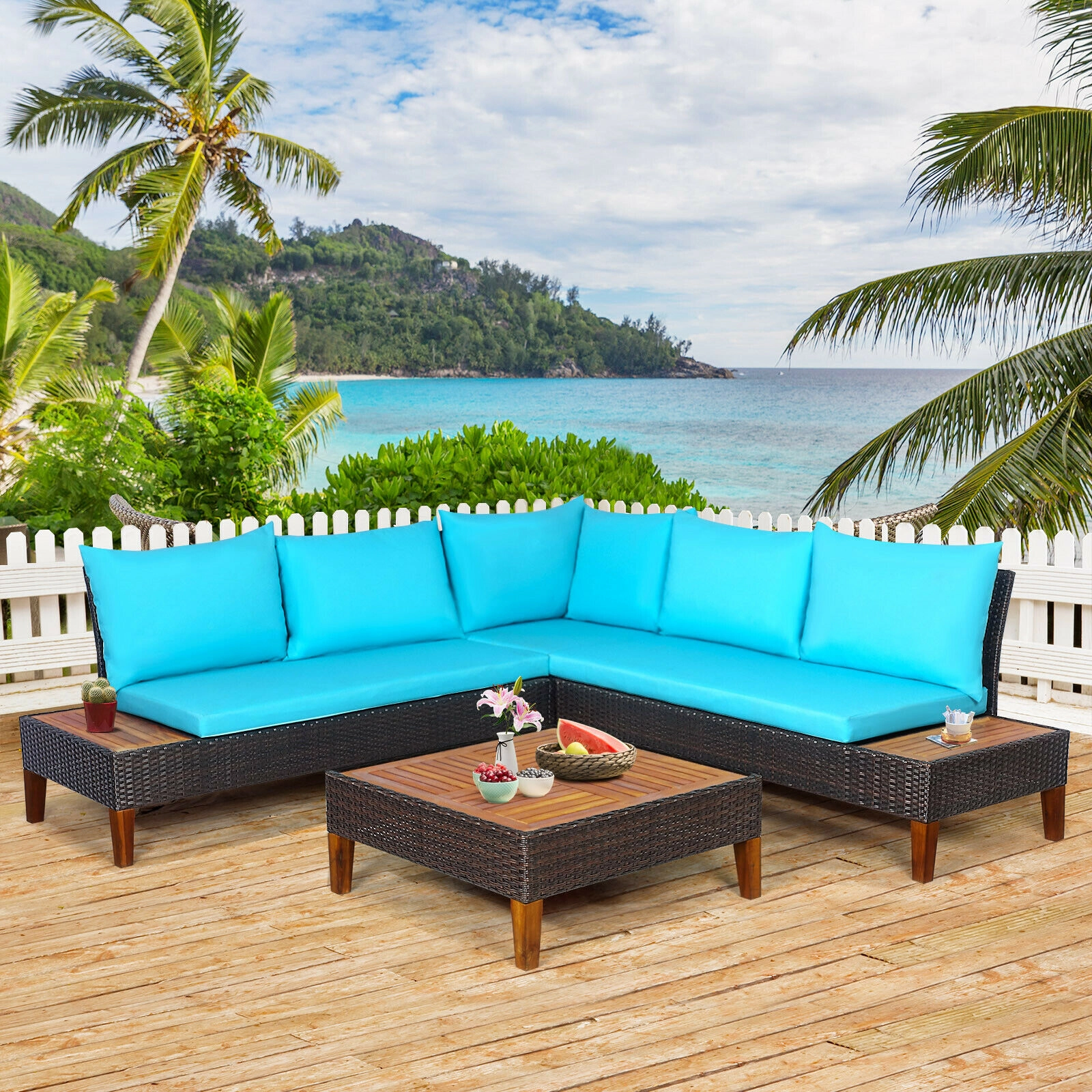 LJG 4 Pieces Patio Cushioned Rattan Furniture Set with Wooden Side Table