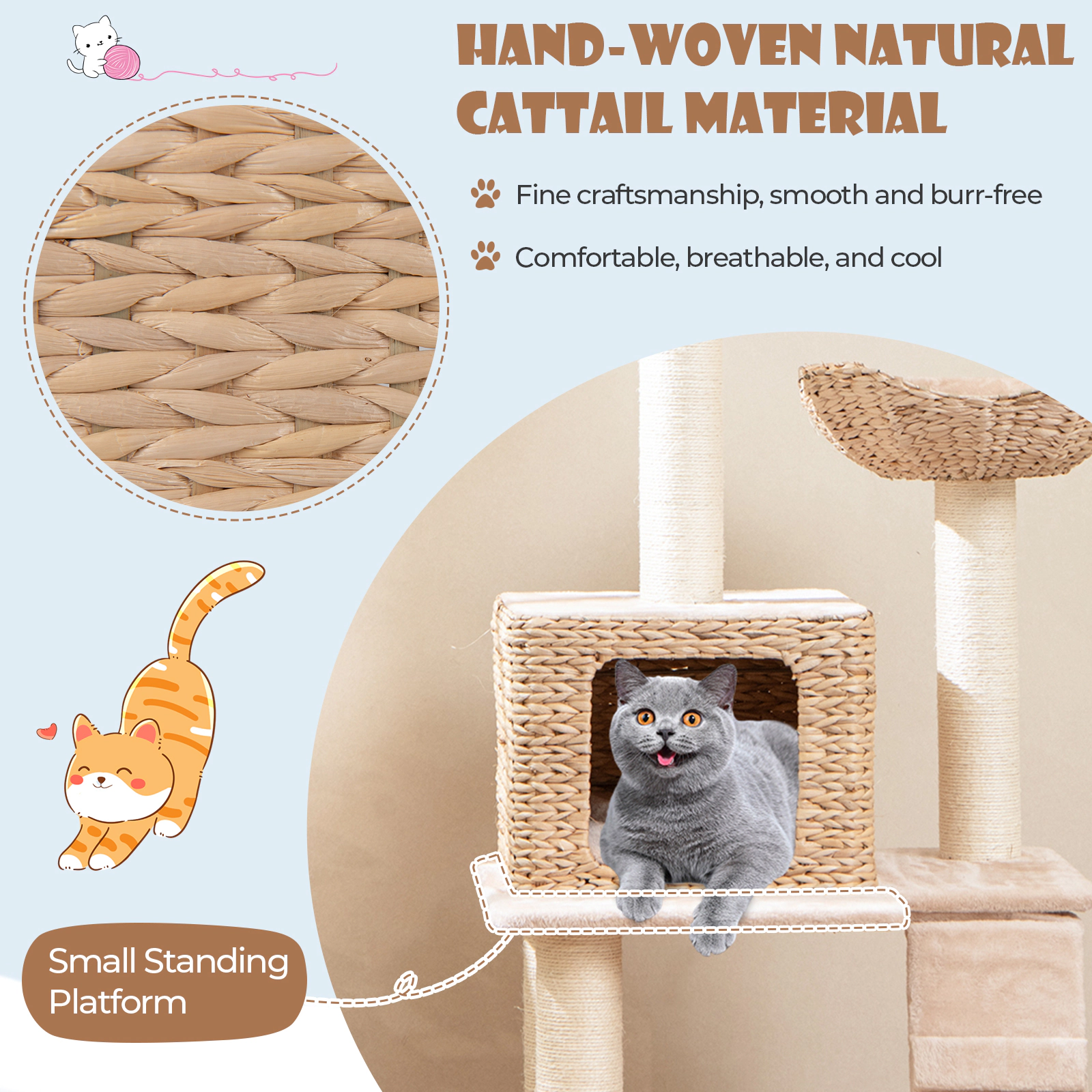 SUGIFT Beige 48 in Cattail Cat Tower with 5 Sisal Posts Perch Condo and Ladder
