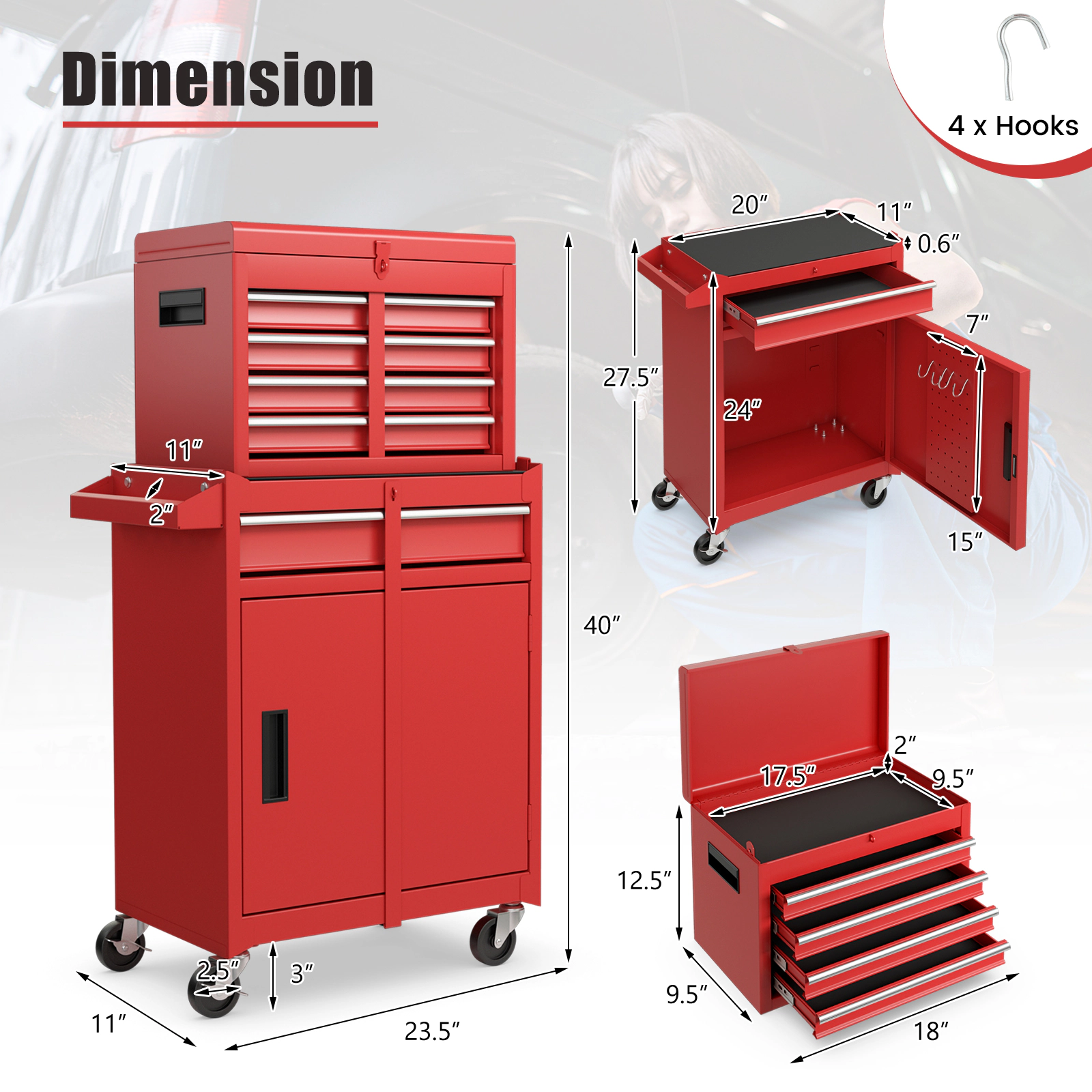 SUGIFT 2-in-1 220.5-lb Capacity Rolling Steel Tool Chest and Cabinet with 5 Sliding Drawers and 4 Hooks
