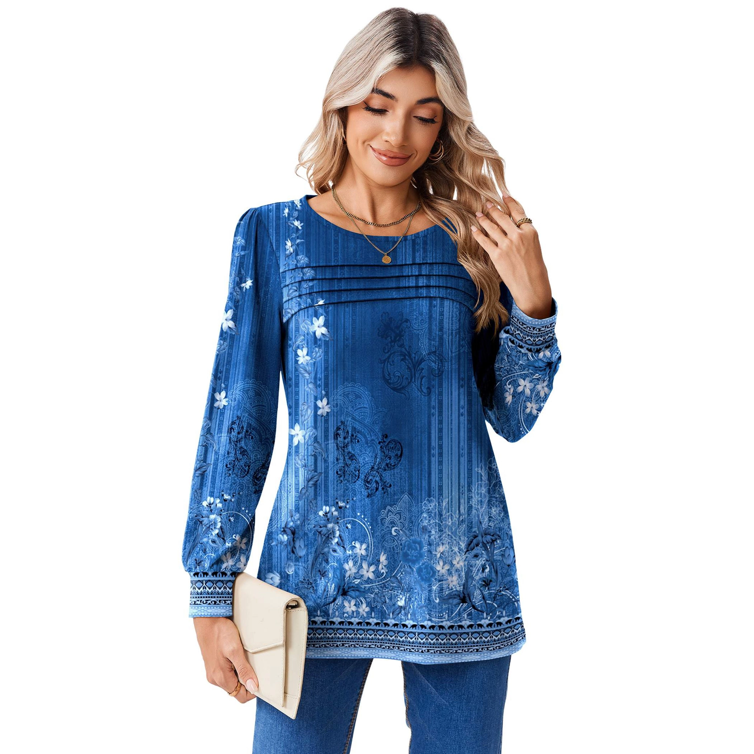 Zeagoo Women Pleated Crew Neck Tunic Top