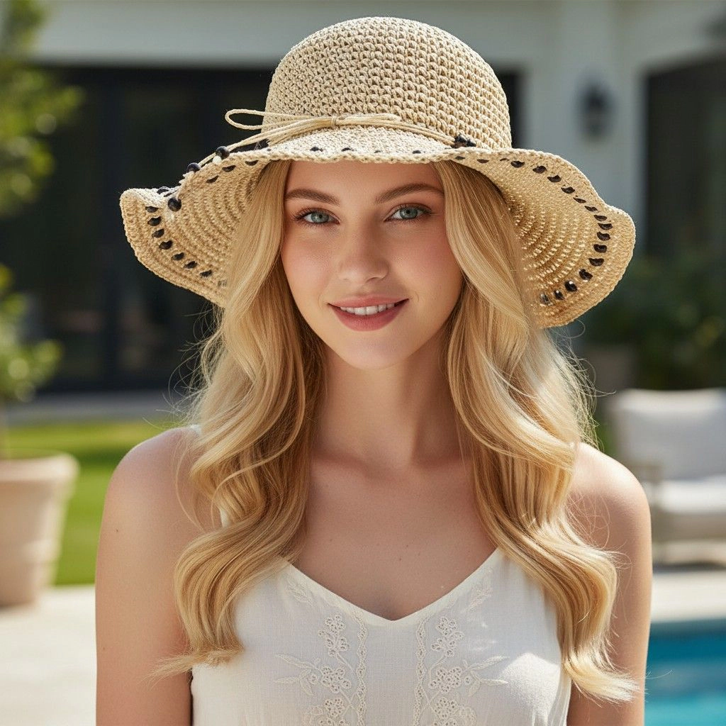 Anna-Kaci Womens Wide Brim Straw Sun Hat Beaded Trim Handmade Crochet Beach Vacation
