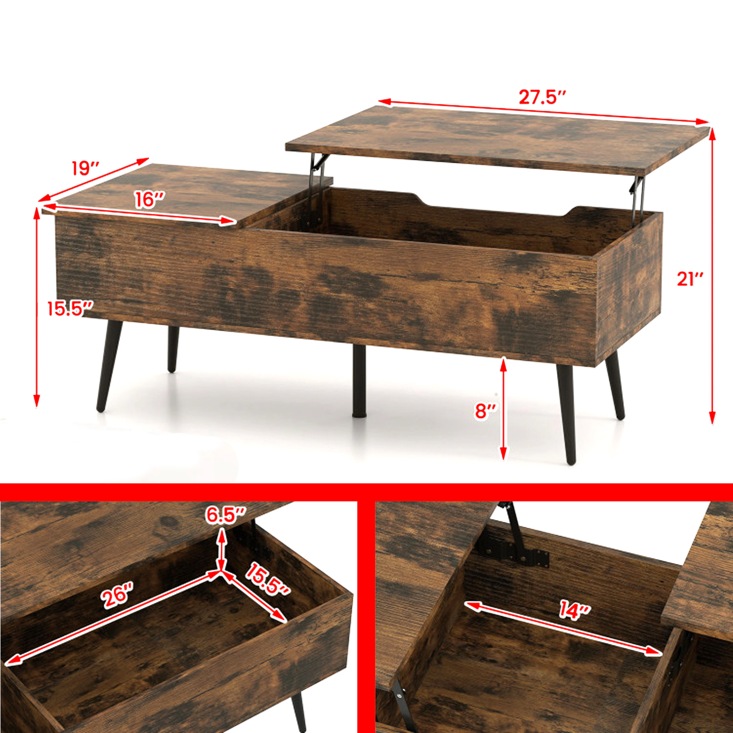 Hivvago Modern 47" Coffee Table with Lift-Top Design and Two Secret Storage Spaces