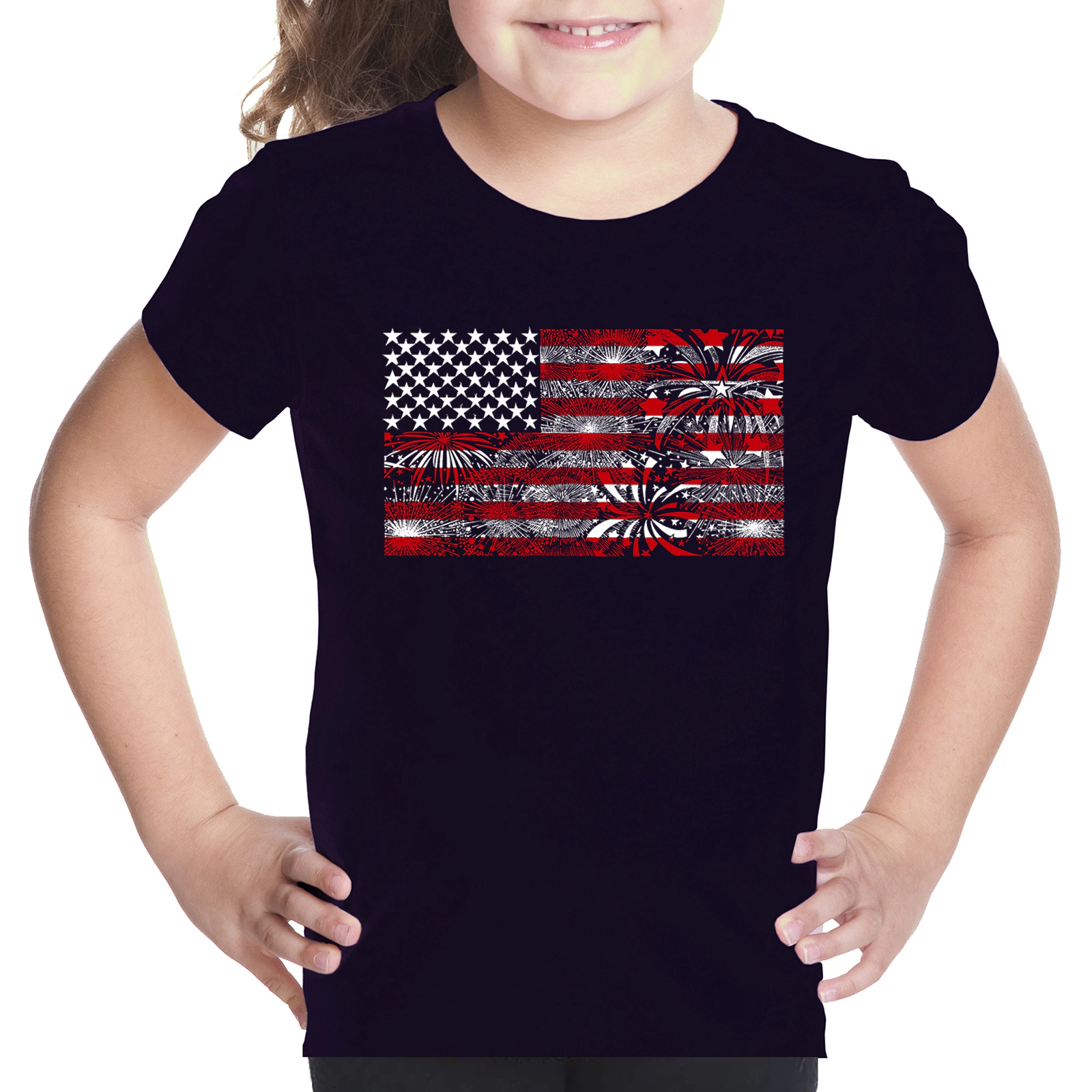 LA Pop Art Girls Word T-Shirt - Fireworks American Flag