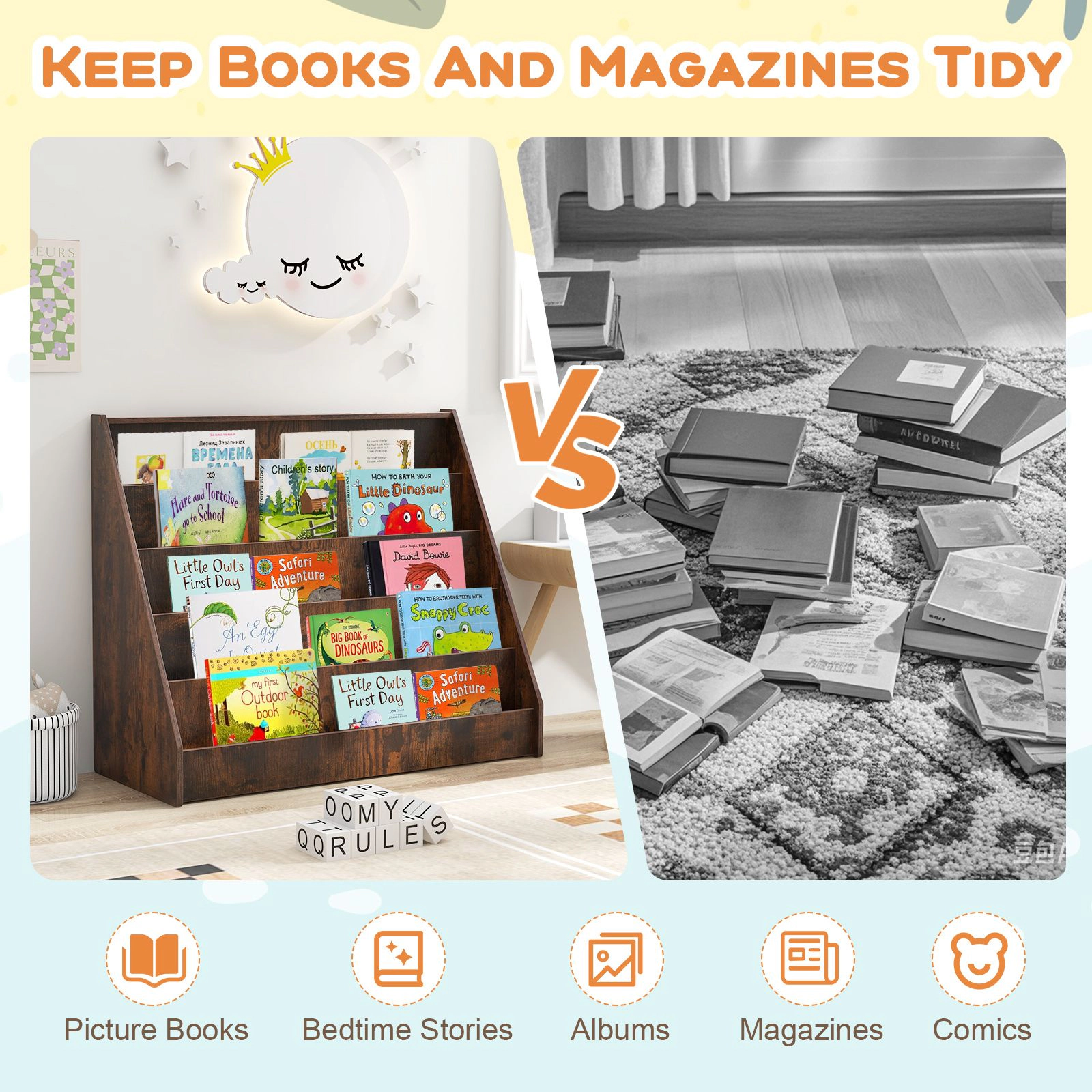SlickBlue 5 Tier Kids Book Display Rack for Bedroom Playroom
