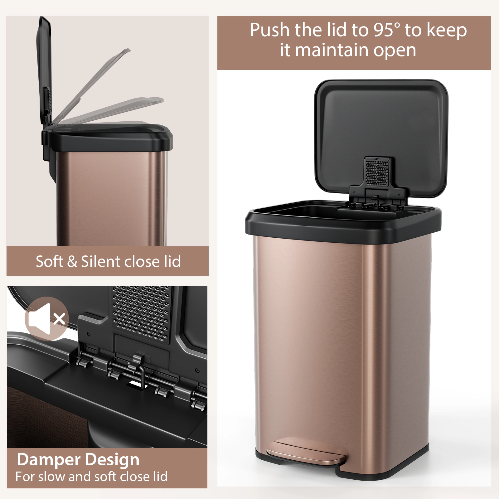 SUGIFT 13-Gal Step Pedal Soft-Close Lid Deodorizer Compartment Trash Can 16.5-in x 15.5-in x 24-in 35-in Open Golden