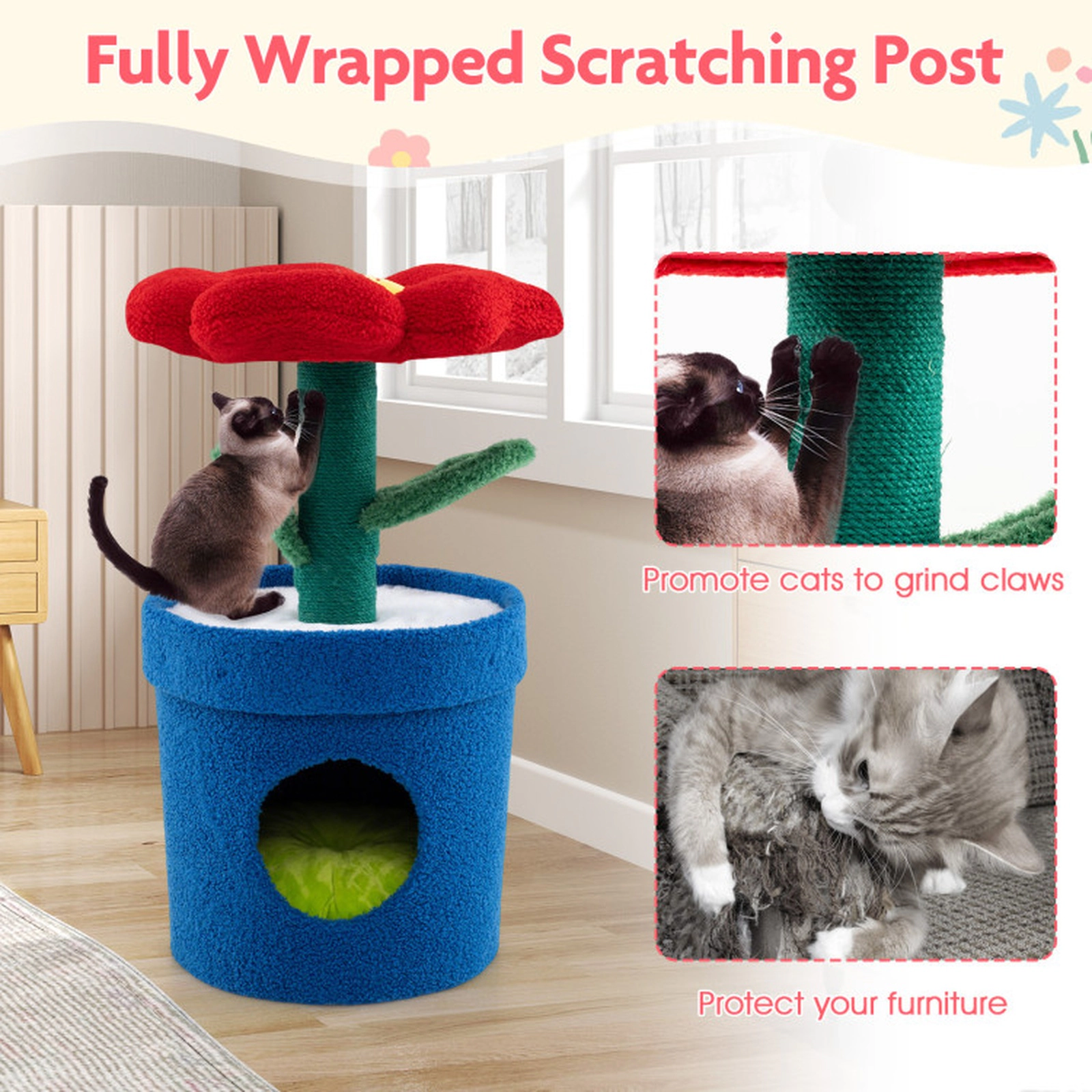SUGIFT 28.5-in Flower-Shaped Compact Cat Tree Tower with Planter Condo Jute Posts and Leaf Toys