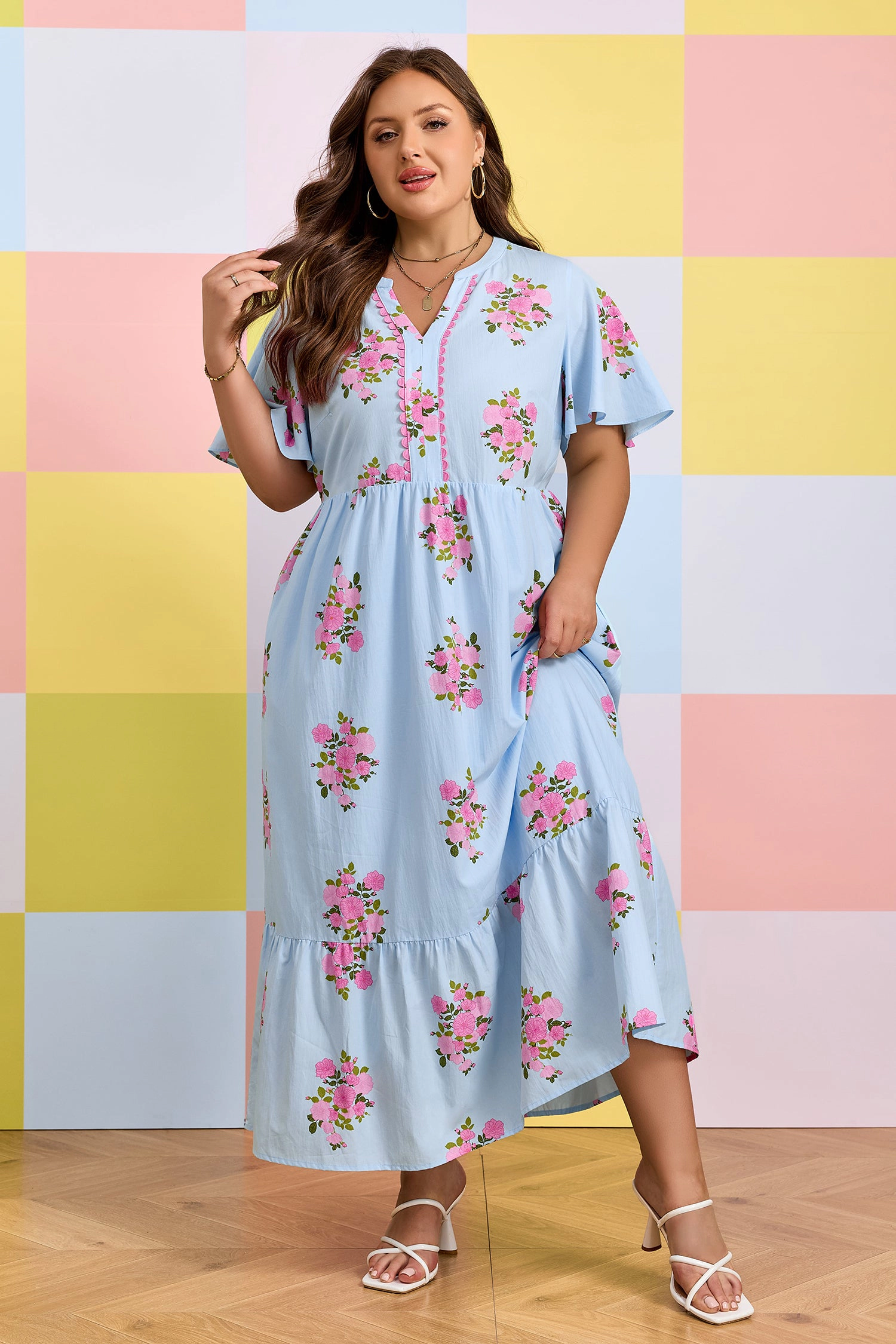 Threaded Pear Women's Lucy Print Scalloped Trim PLUS Dress