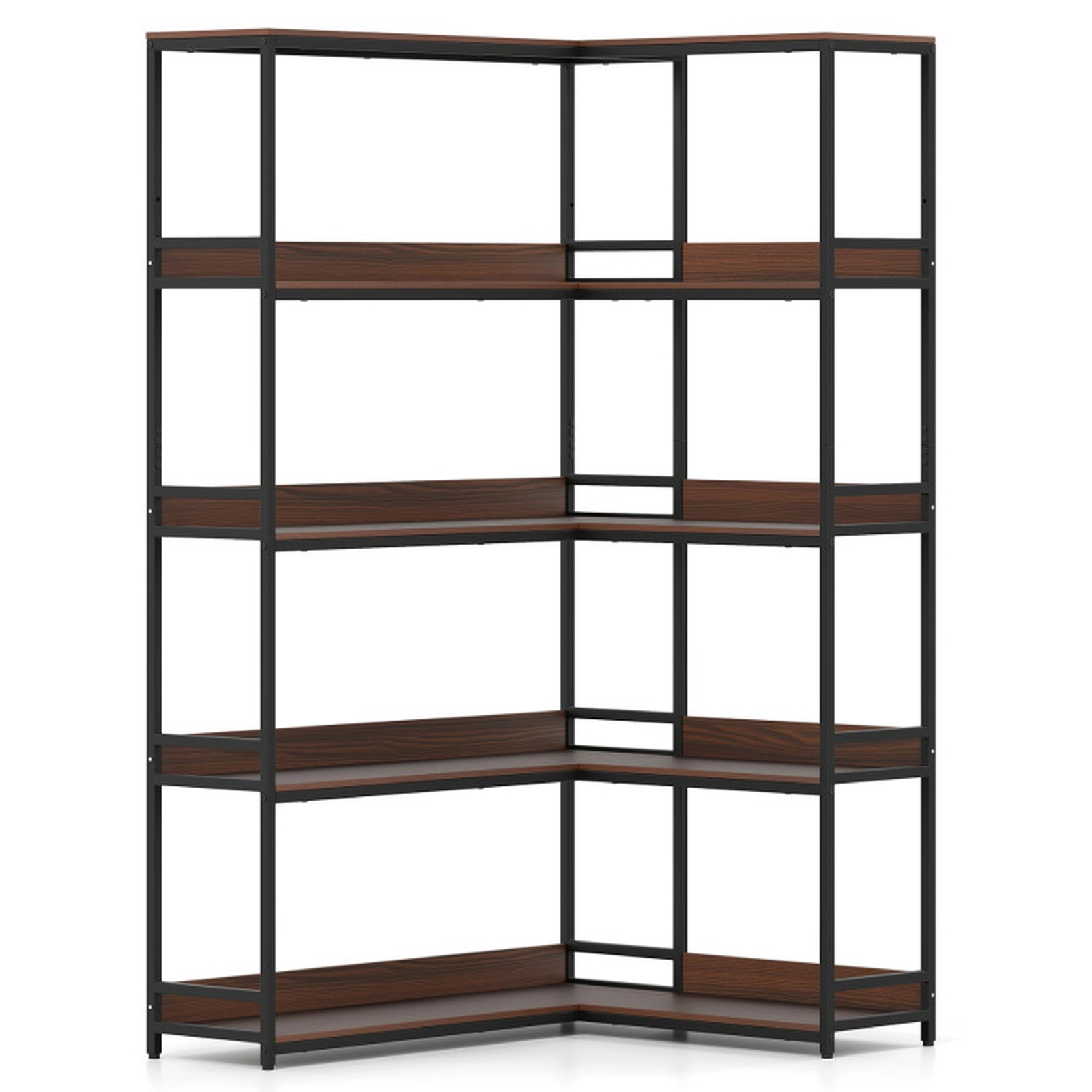 SUGIFT 5-Tier Walnut 71-in Tall L-Shaped Corner Bookshelf Etagere with Metal Frame and Guardrails