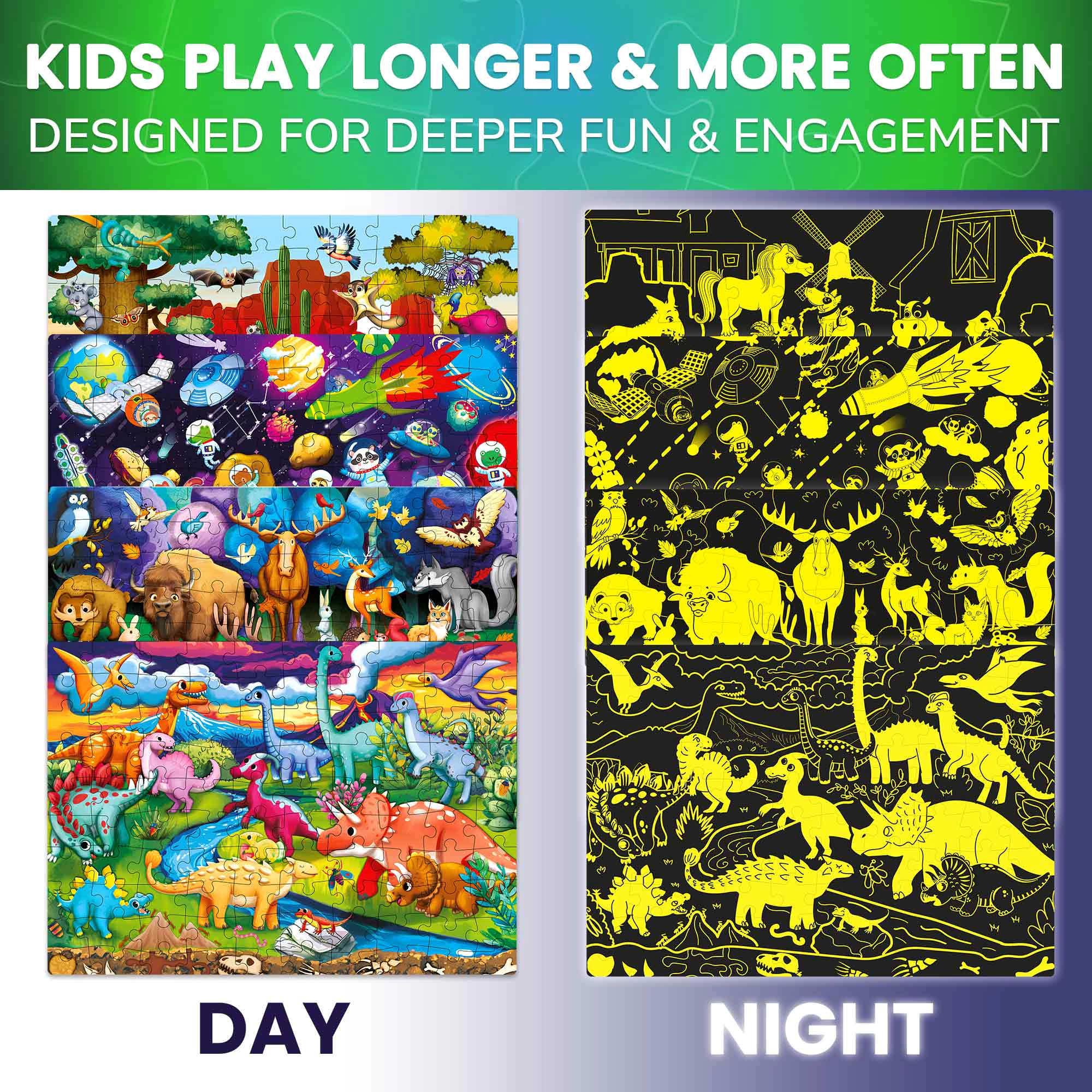 QUOKKA 4-Pack Glow-in-the-Dark Jigsaw Puzzles for Kids Ages 4–8, 100 Pieces Each, Space, Dinosaur & Animal Themes