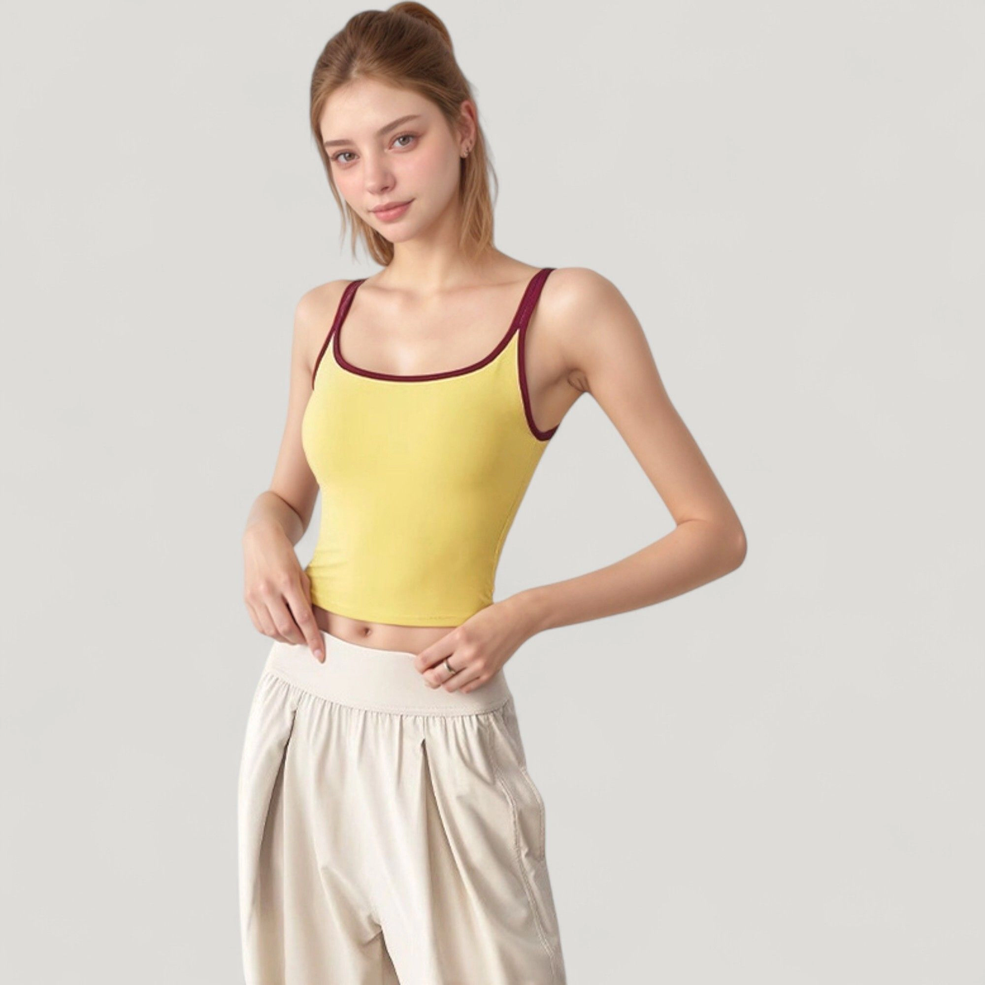Anna-Kaci Women's Square Neck Contrast Trim Cropped Active Tank Top