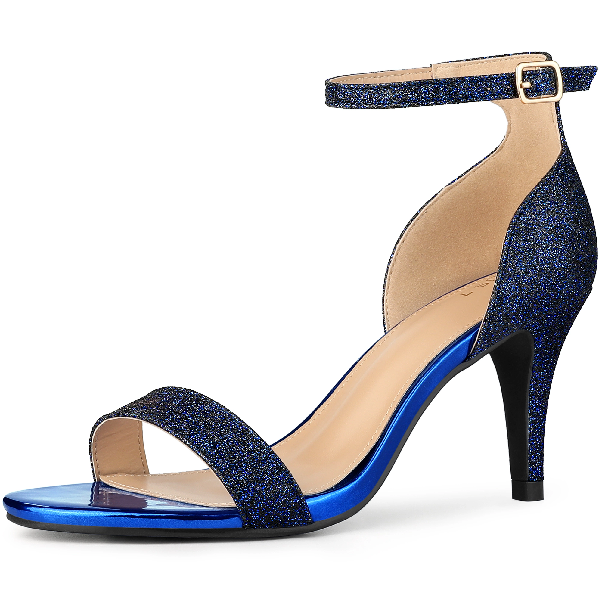 BLISSFUL STEP Women's Glitter Ankle Strap Stiletto Heel Sandals