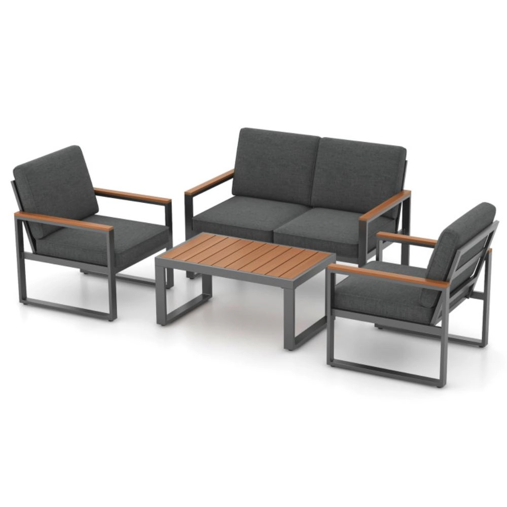 Hivvago 4 Piece Patio Aluminum Furniture Set With Armrests And Tabletop-Gray