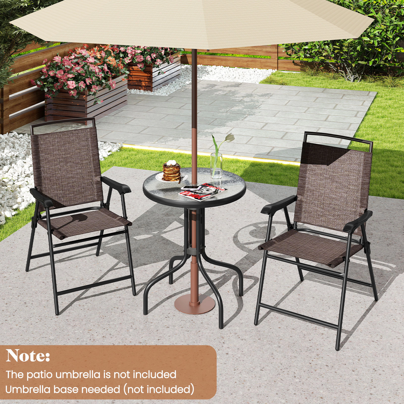 LJG 3 Pieces Patio Round Table and Folding Chairs Set with Rippled Tempered Glass Tabletop
