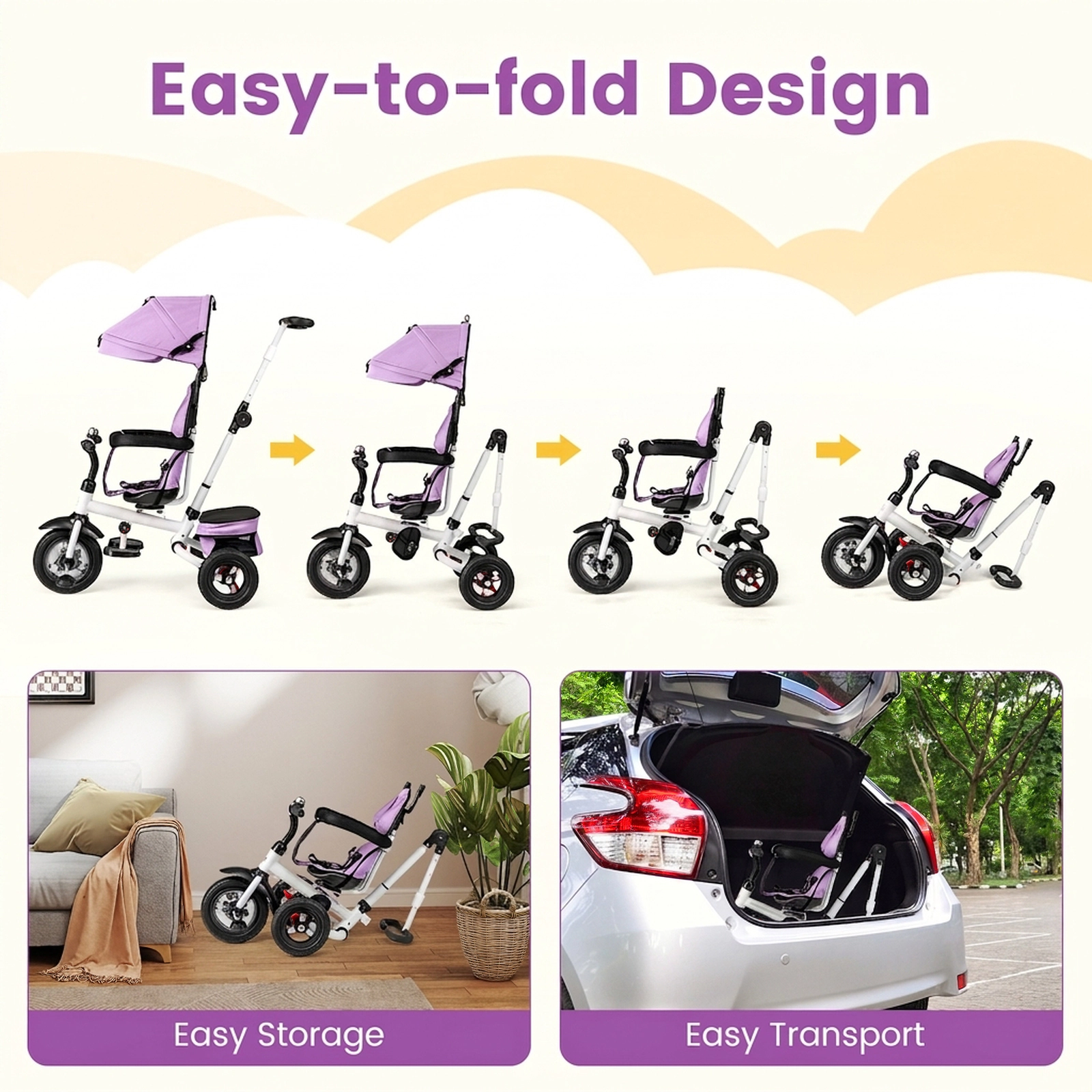 SUGIFT Pink 5-Mode Folding Toddler Tricycle, Foldable Footrests, Reversible Seat, Safety Harness, 55-lb Capacity