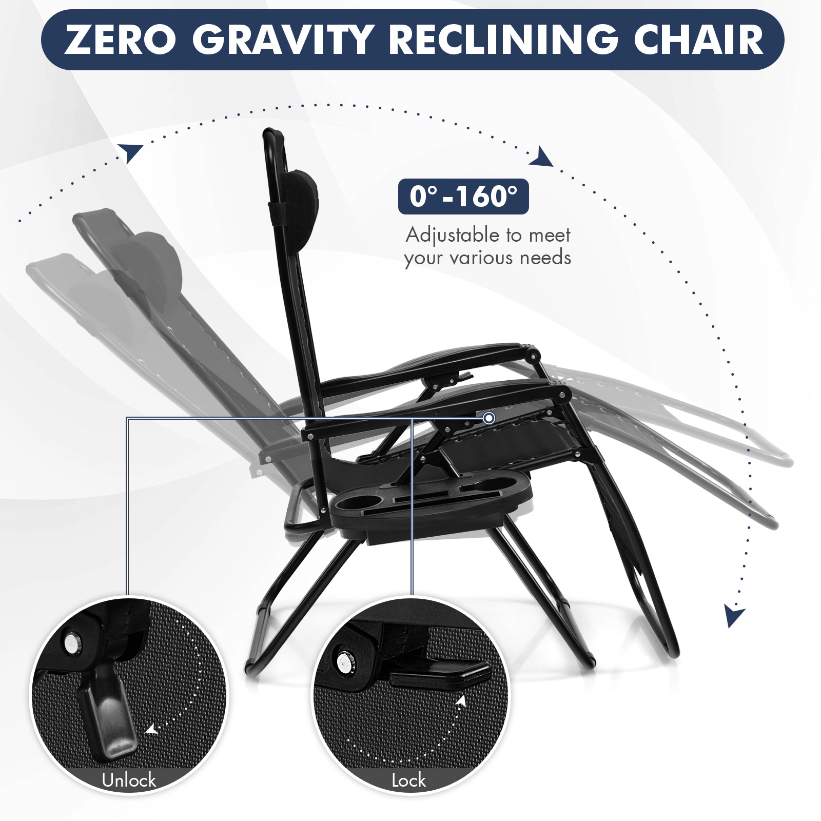 LJG Outdoor Folding Zero Gravity Reclining Lounge Chair with Utility Tray