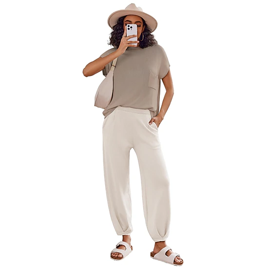 Ekouaer 2 Pc Outfits Lounge Sets for Women Sweater Sets Knit Short Sleeve Tops Jogger Pants