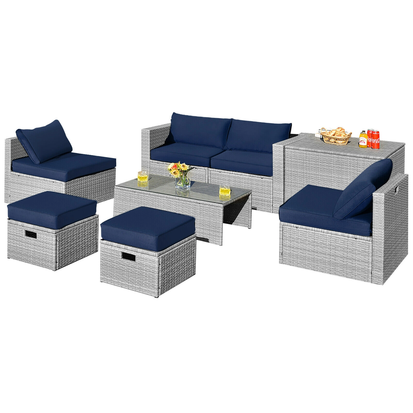 SUGIFT 8-Piece Navy Rattan Patio Sectional Set with Glass Table, Storage Box and Cover