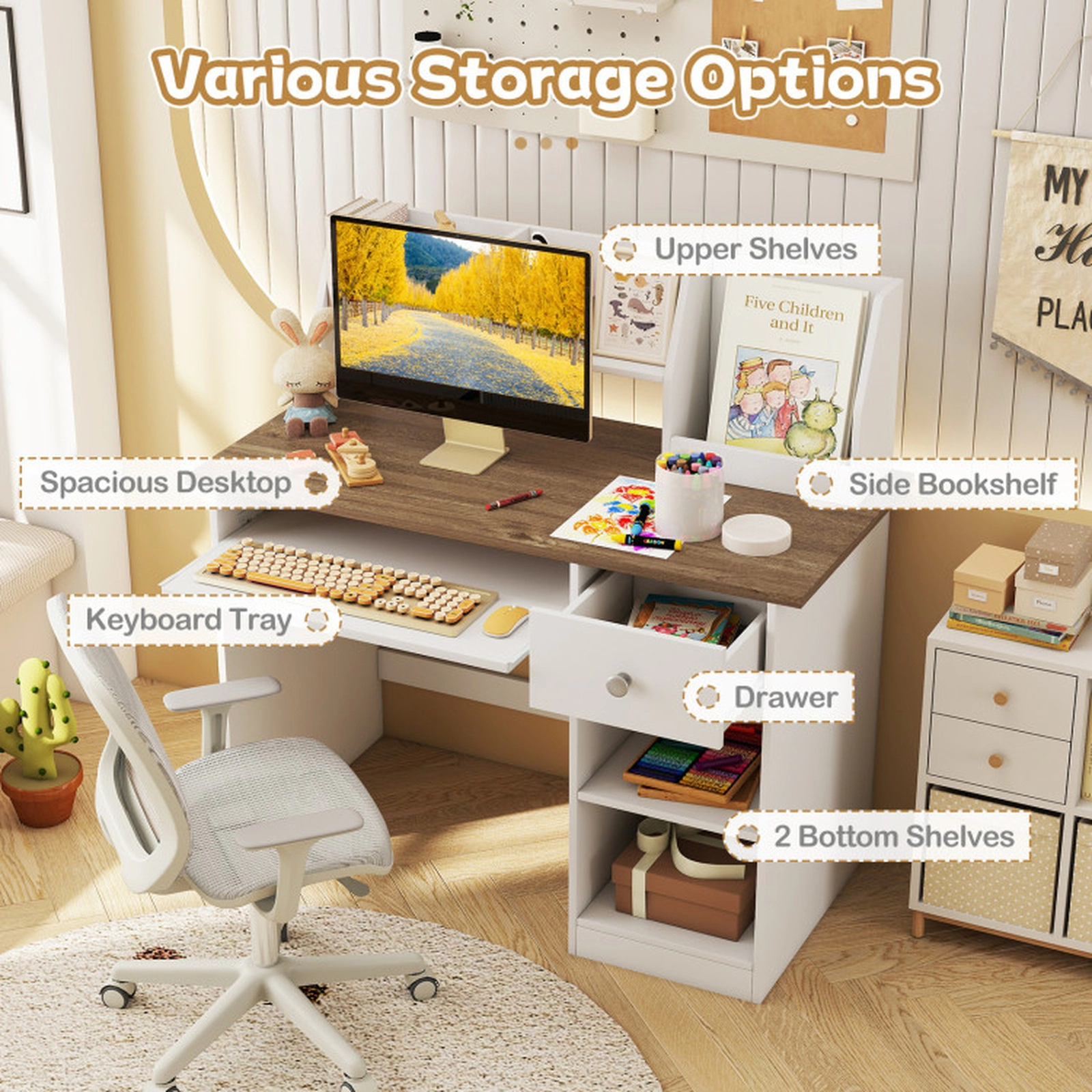 SUGIFT Kids Study Desk Writing Table with Drawer Shelves and Keyboard Tray 200-lb Capacity Ages 3-6 White Natural