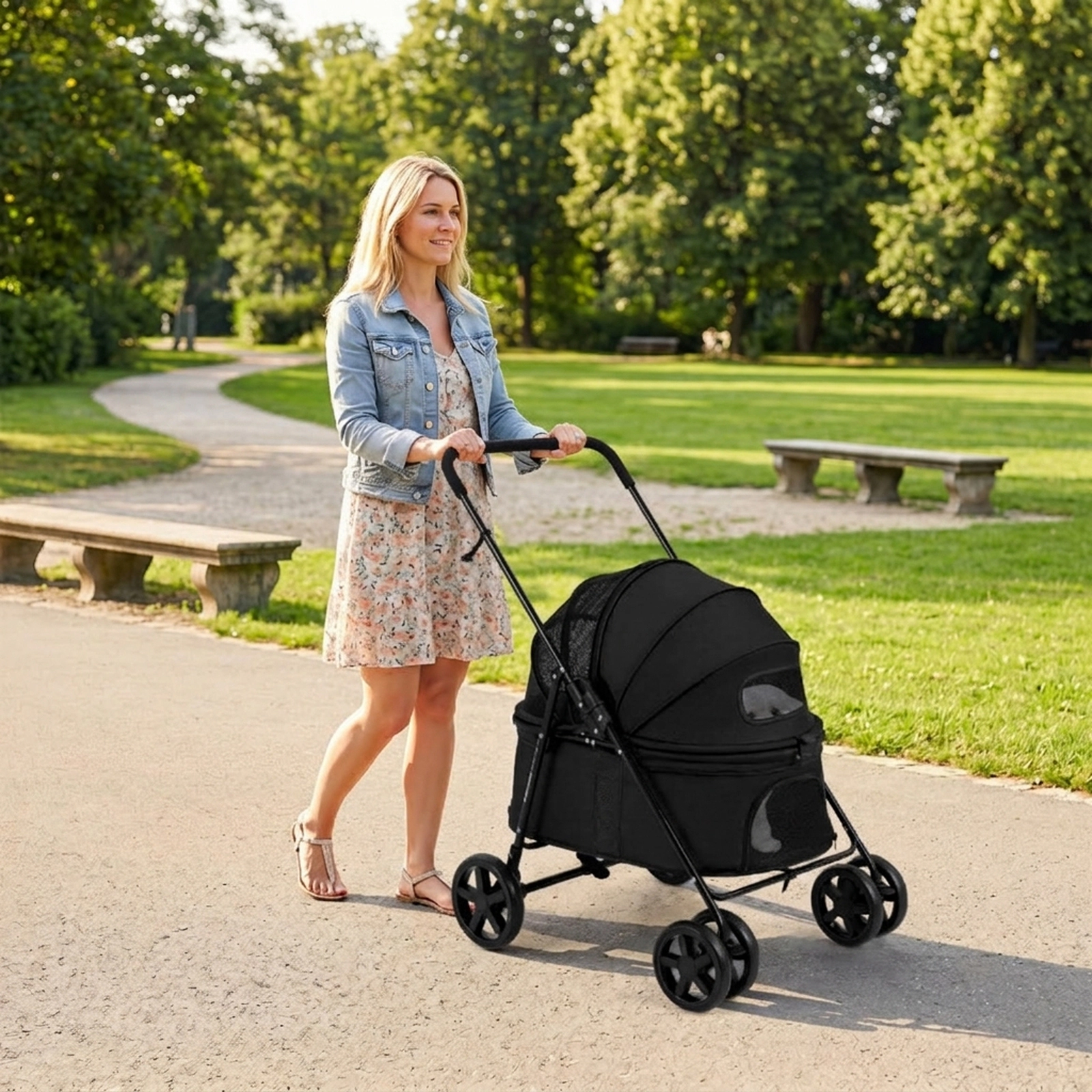 SUGIFT Black Folding Pet Stroller with One-Step Brake 31.5-in W 22.5-in D 39.5-in H 33-lb Cabin Capacity