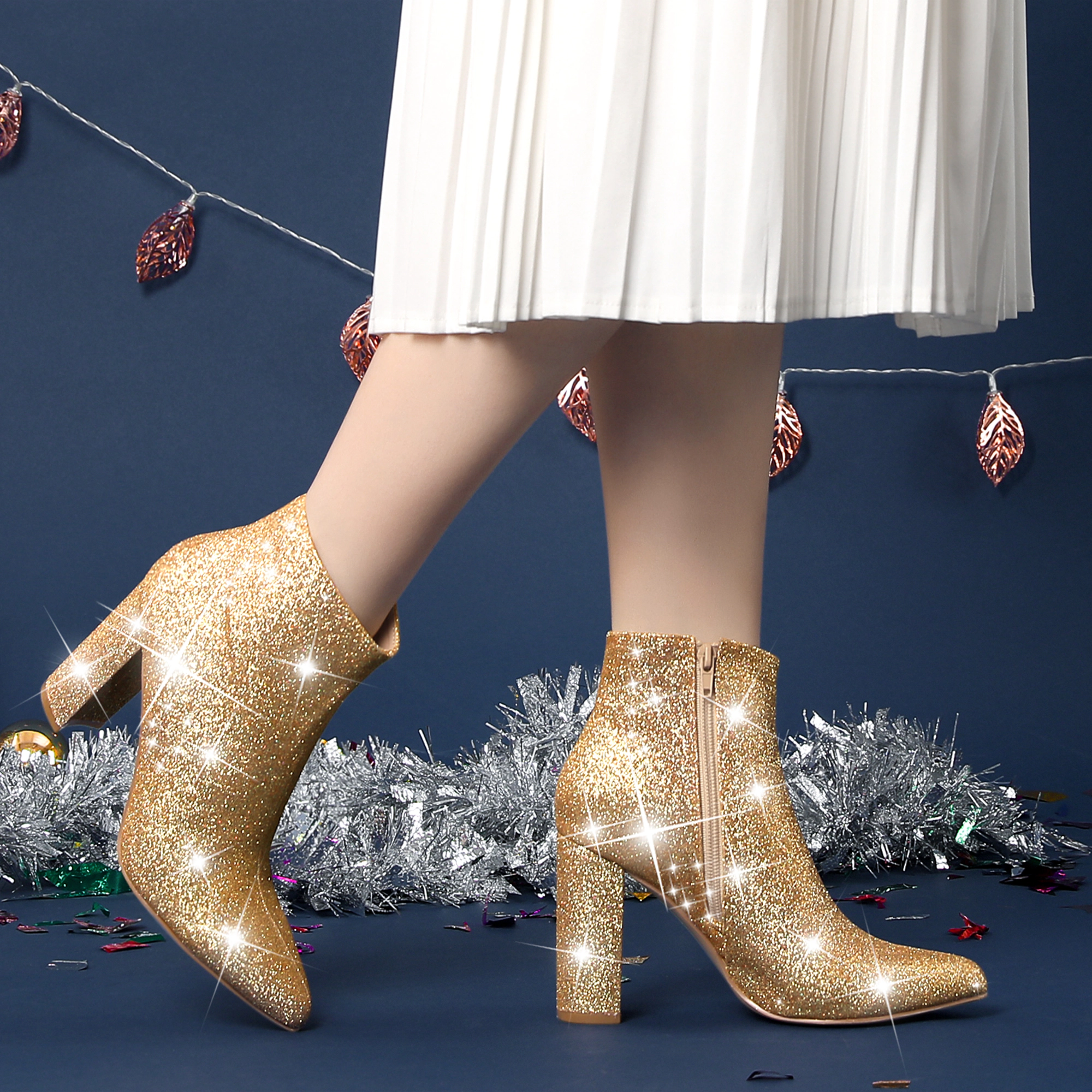 BLISSFUL STEP Women's Pointed Toe Chunky Heels Glitter Ankle Boots