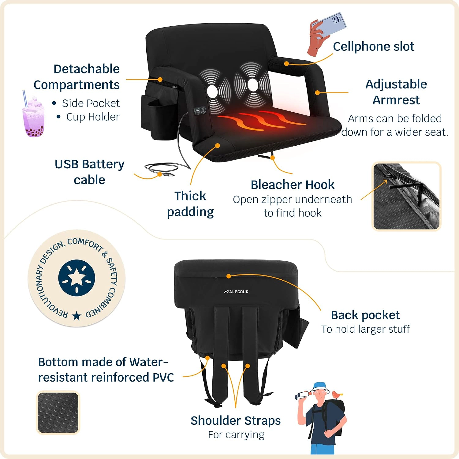 Alpcour Wide Heated Massage Reclining Stadium Seat - Waterproof, Thick Padding
