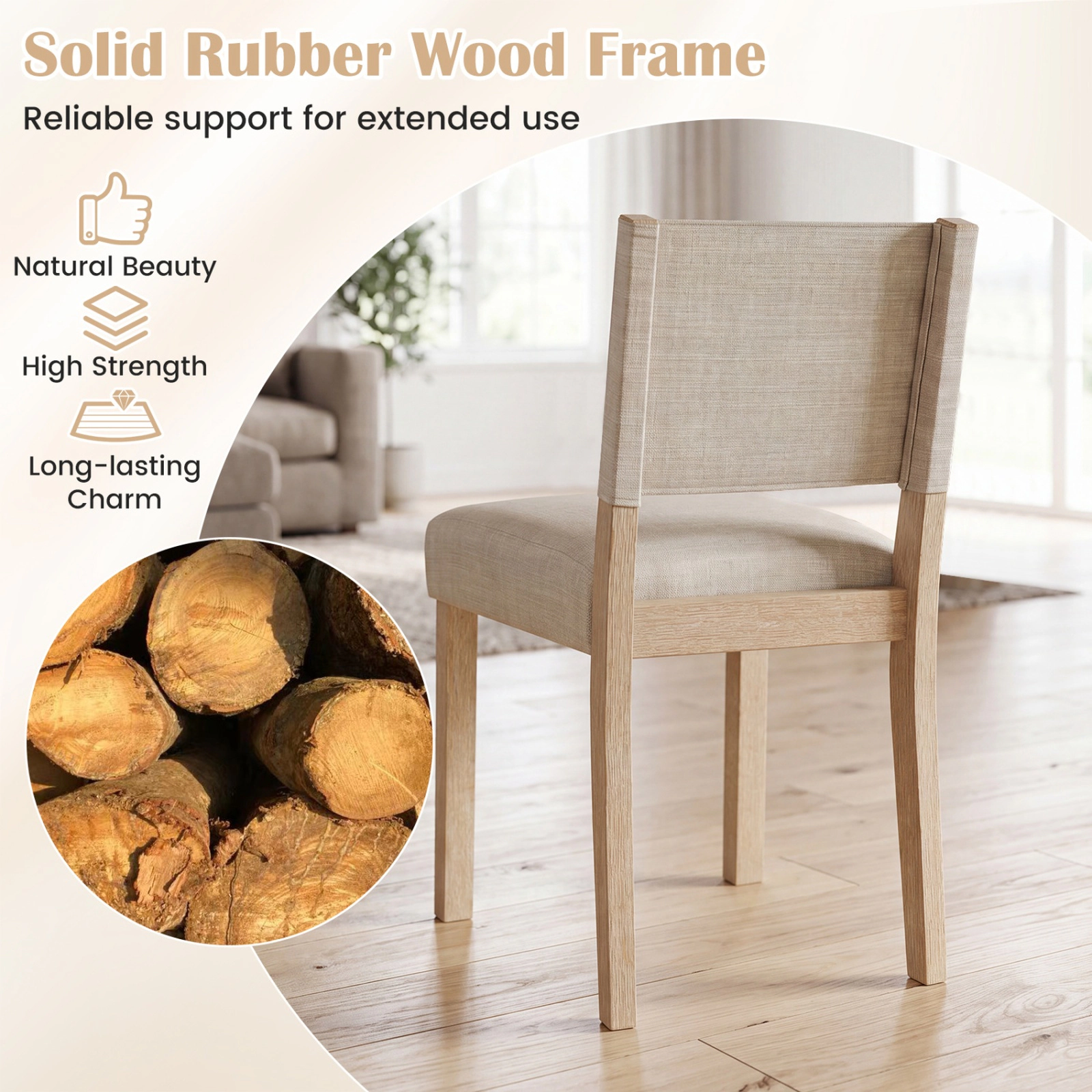 SUGIFT Set of 4 Beige Linen Upholstered Dining Chairs, Solid Rubber Wood Legs